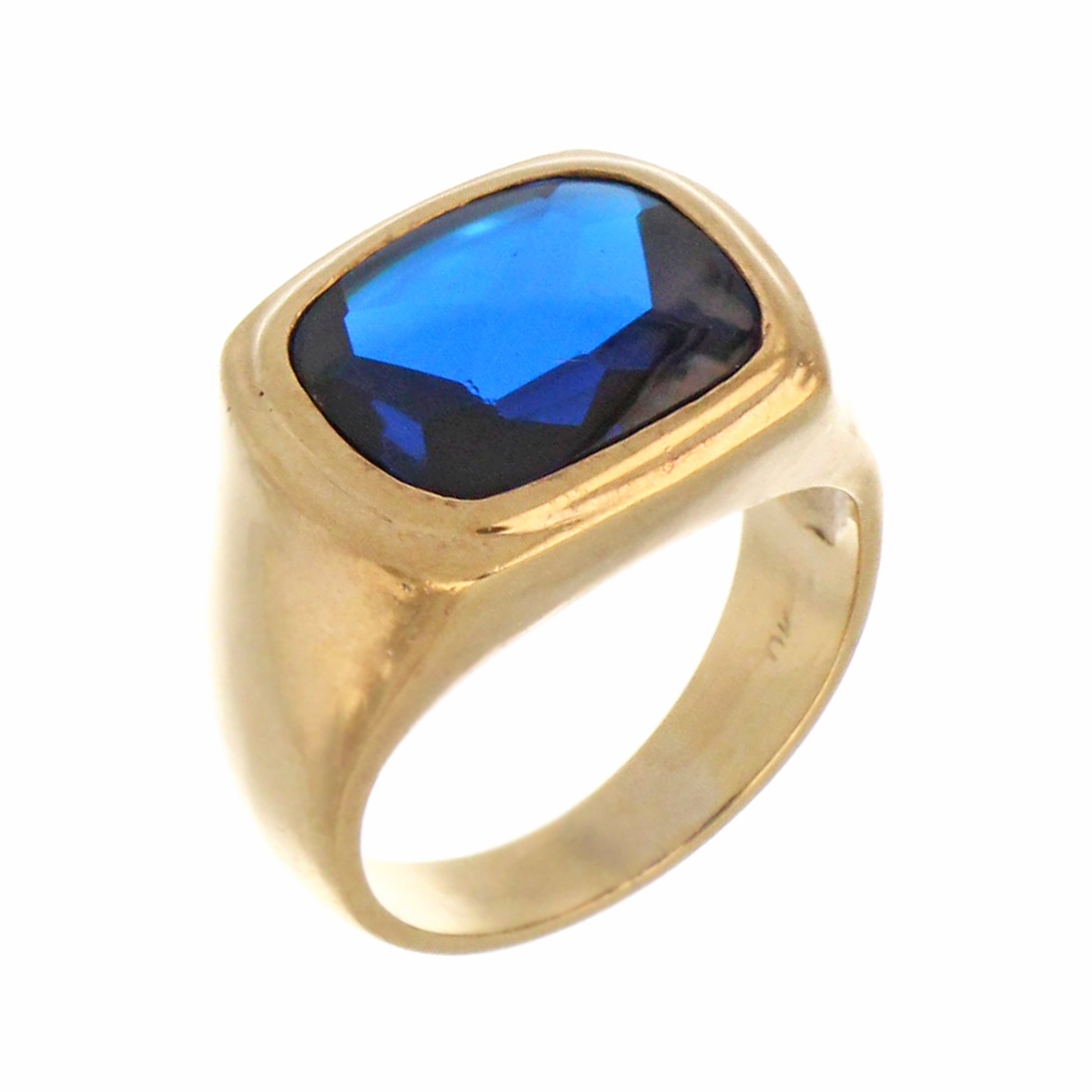 Side profile view of 10kt yellow gold ring showcasing blue synthetic stone set on band, ring size 8