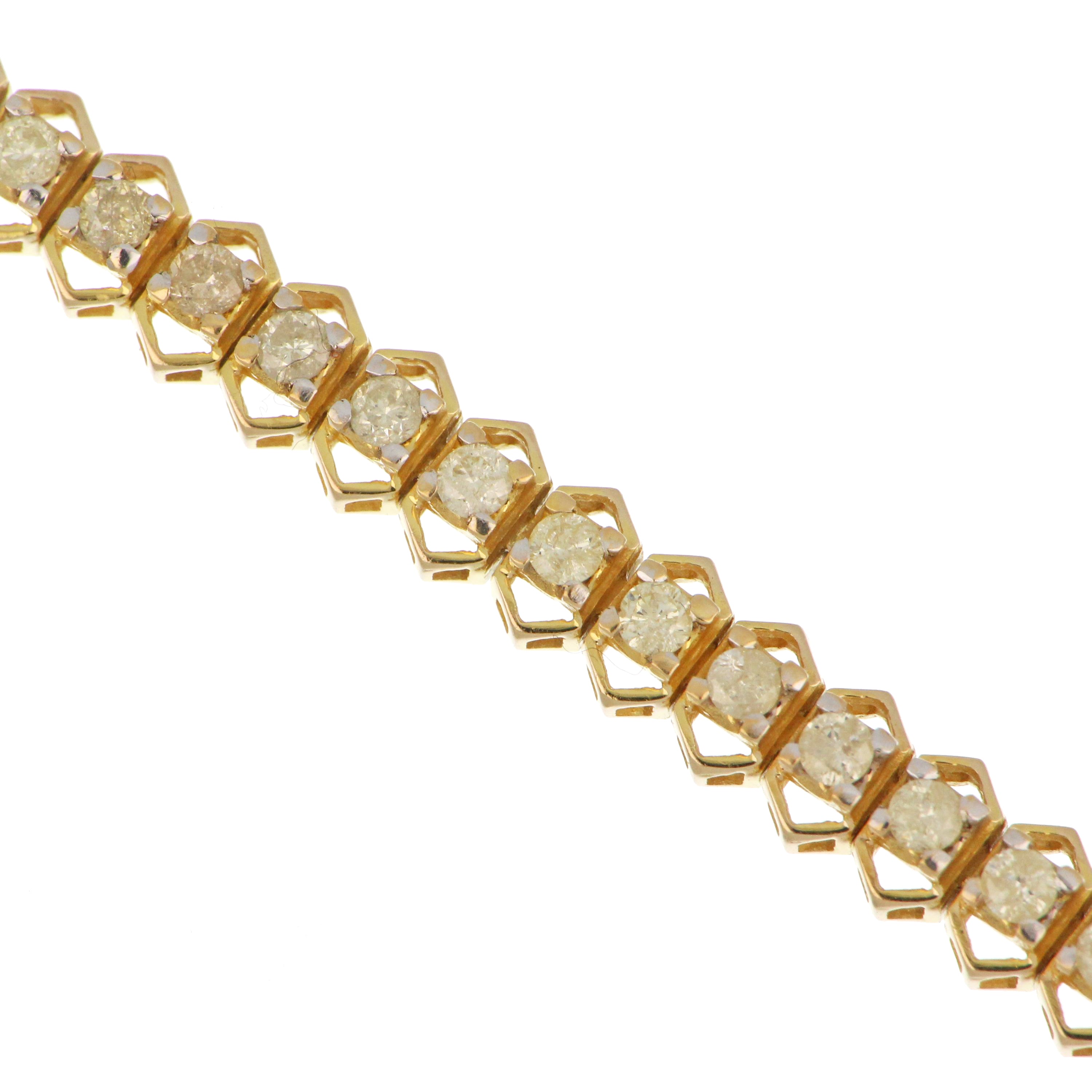14kt yellow gold bracelet adorned with 55 round brilliant diamonds totaling 2.2 carats, viewed from top angle
