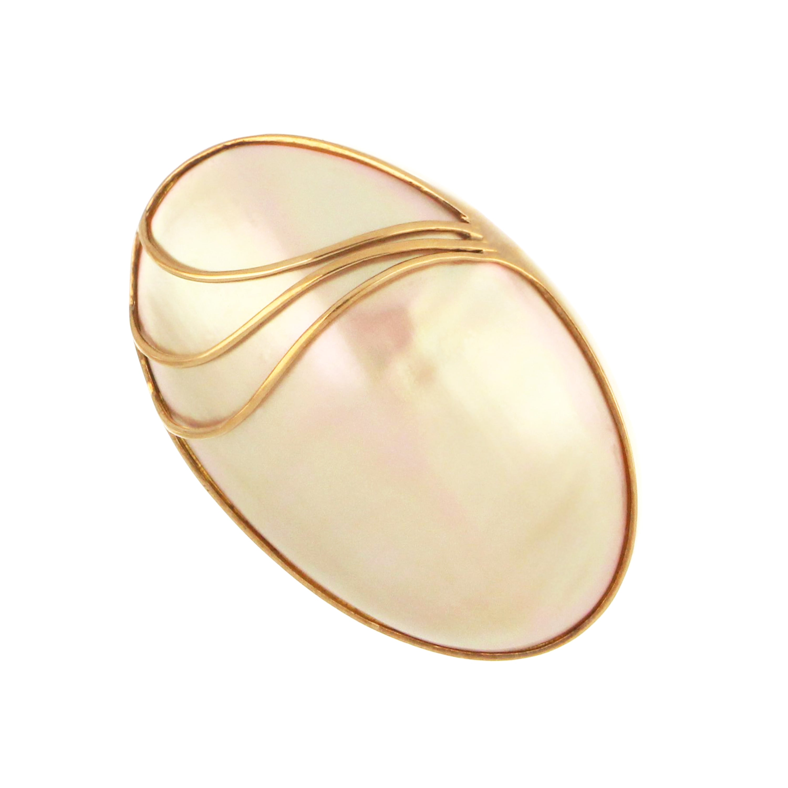 10kt yellow gold pendant brooch featuring white mother-of-pearl centerpiece, top front angle, elegant bezel setting