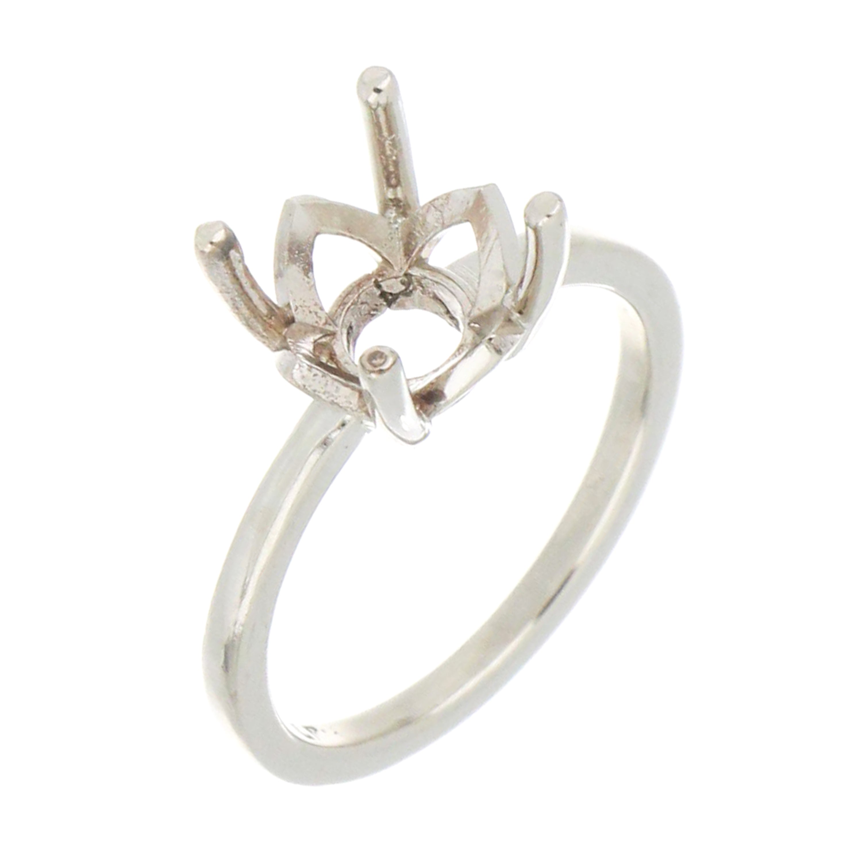 Top view of 14kt white gold solitaire ring mounting sized 6.5, designed for round stone 8.5mm