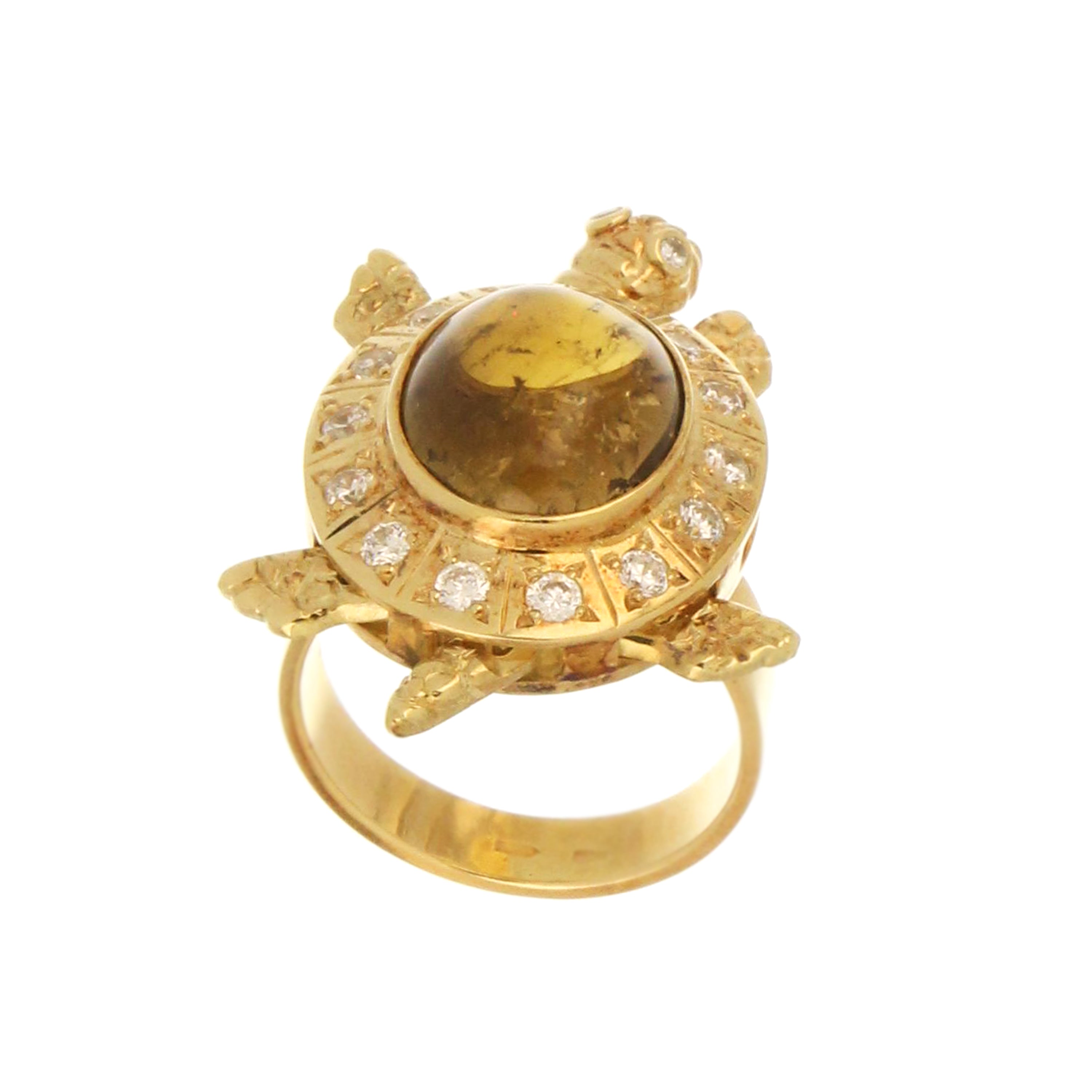 Gold turtle-shaped statement ring featuring movable parts and cabochon citrine.
