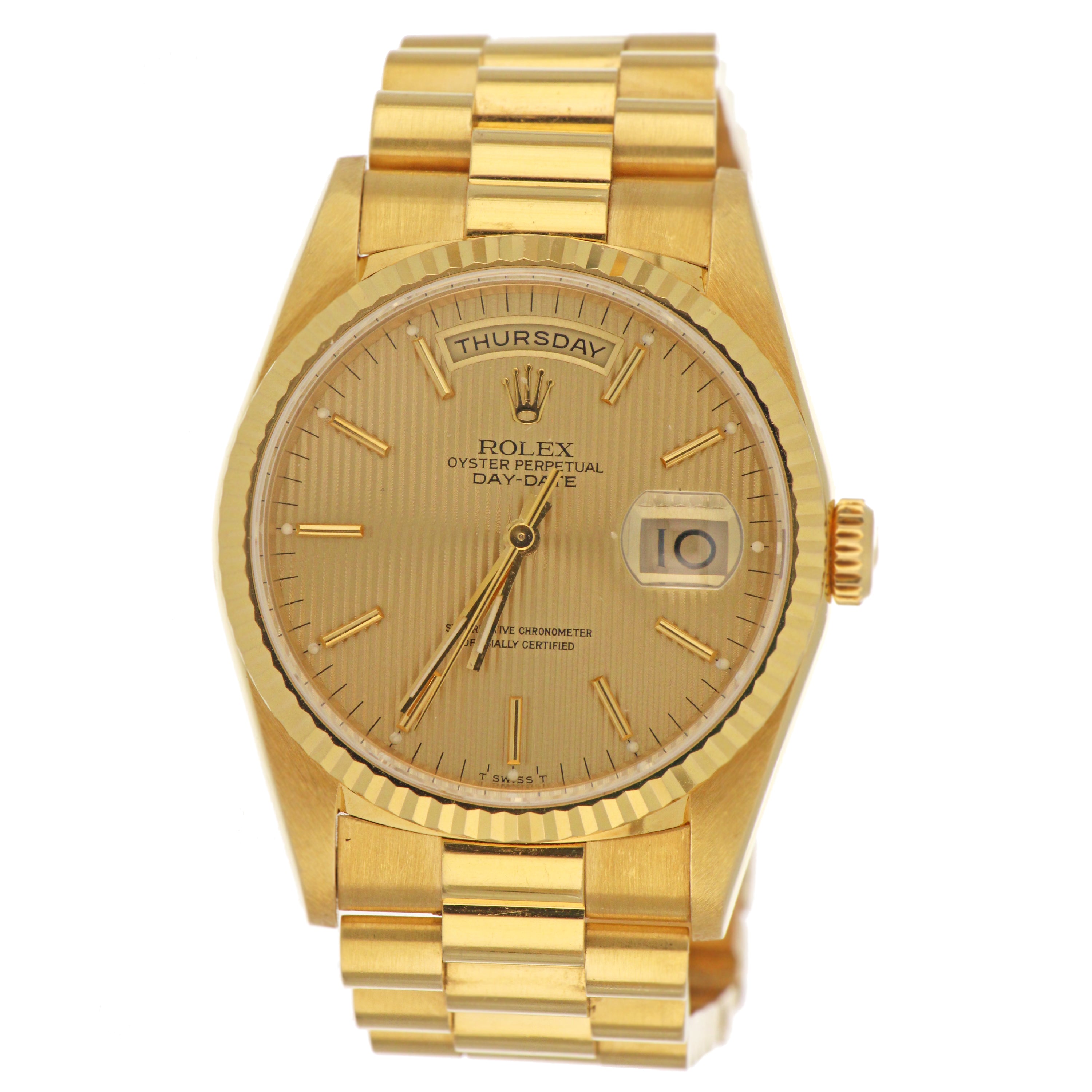 Side profile of Rolex Day-Date watch highlighting the president bracelet in 18kt yellow gold