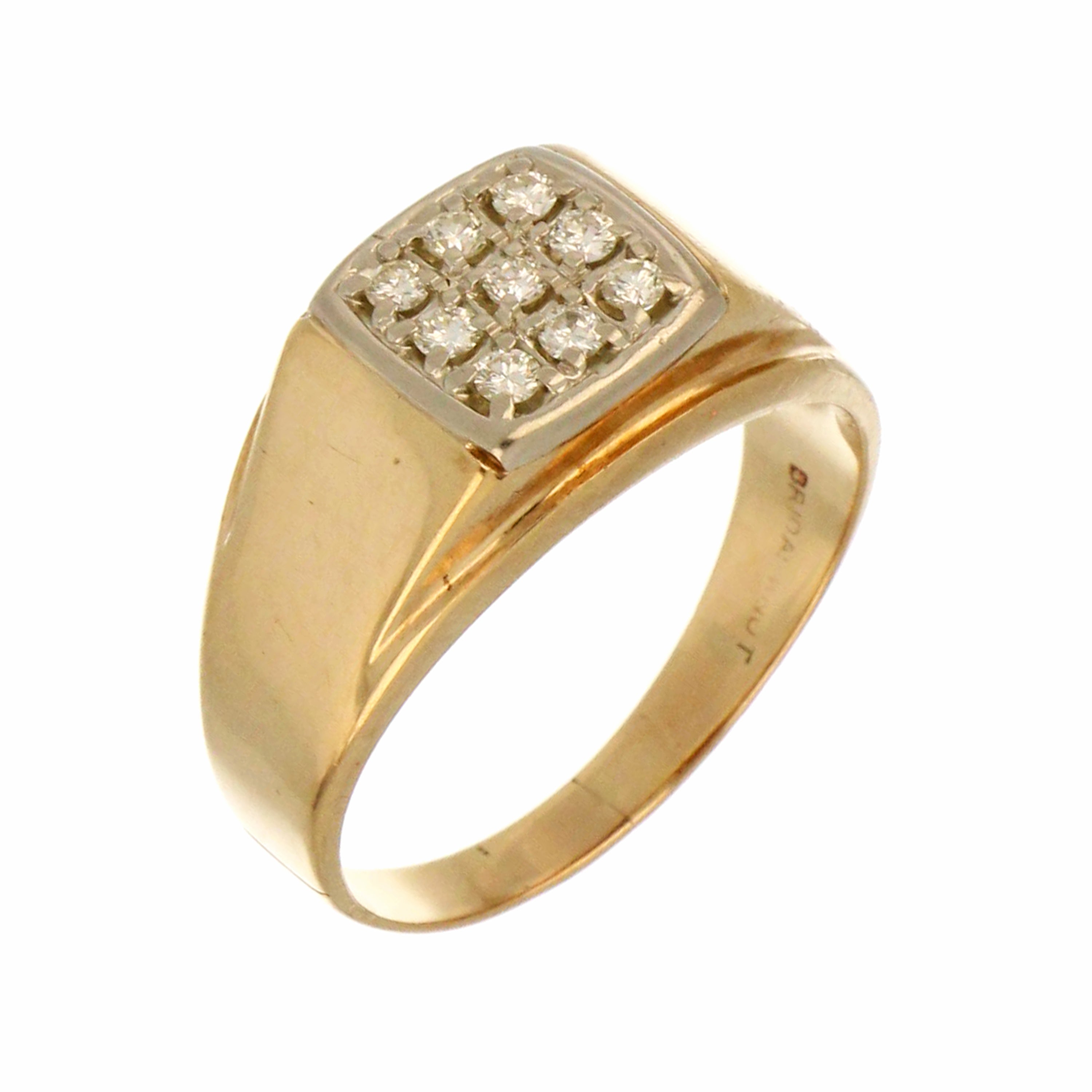 Side angle of 10kt yellow gold diamond band highlighting round diamond settings and smooth polished gold finish, size 12.25