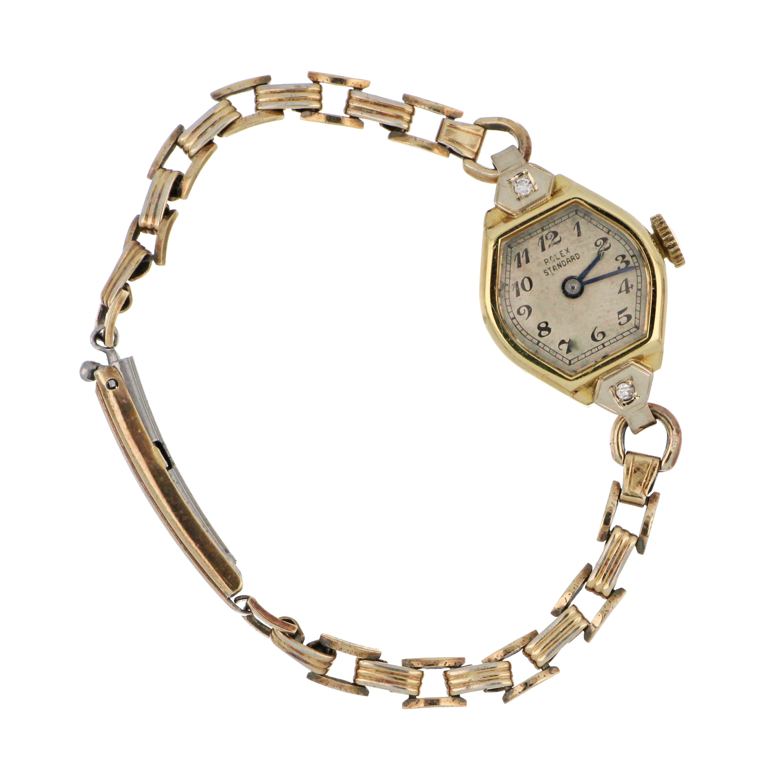Side profile of ladies' Rolex watch highlighting the yellow gold bracelet and solid case back