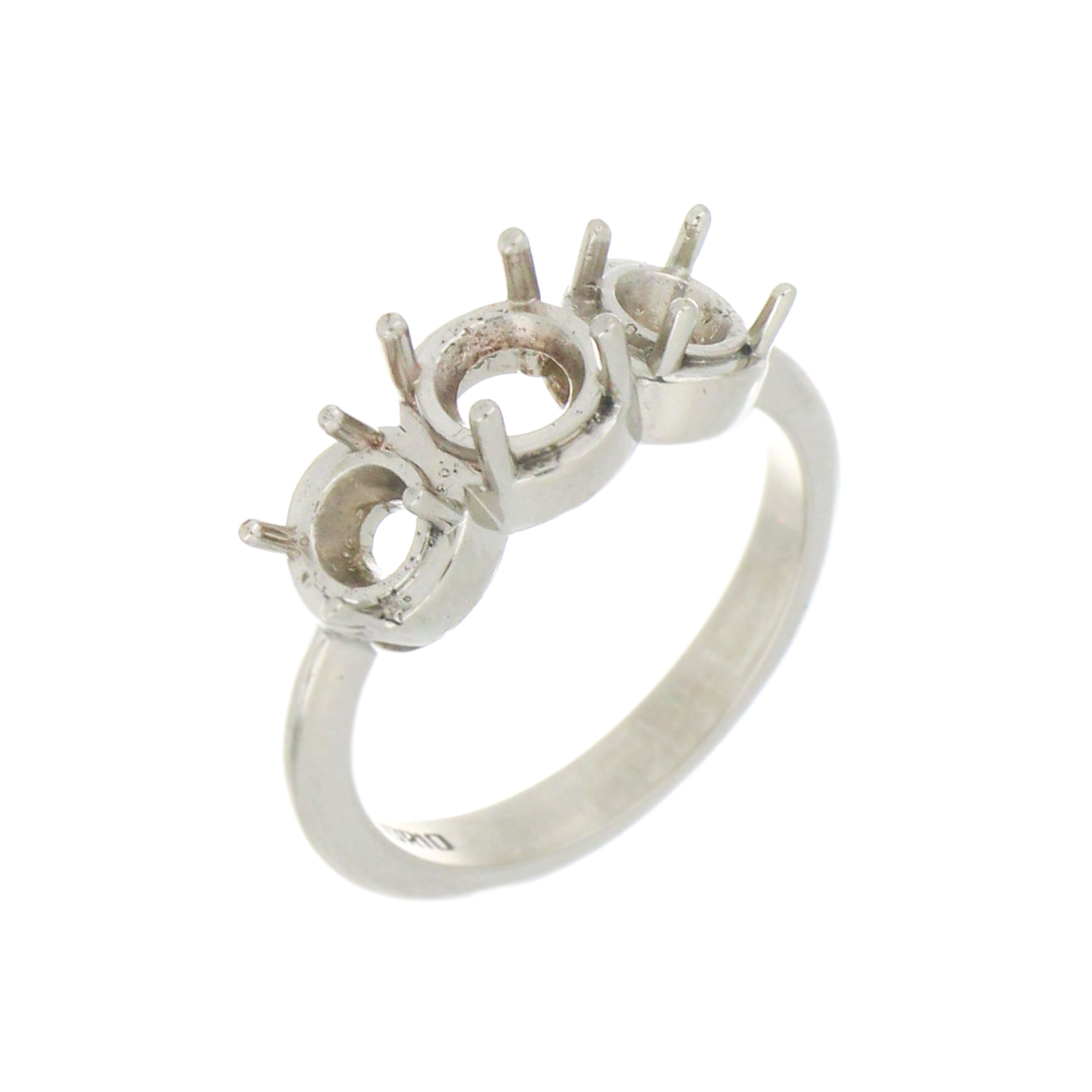 Side angle of 14kt white gold ring mounting size 6.5 showcasing polished white gold shank and claw prongs for round stones