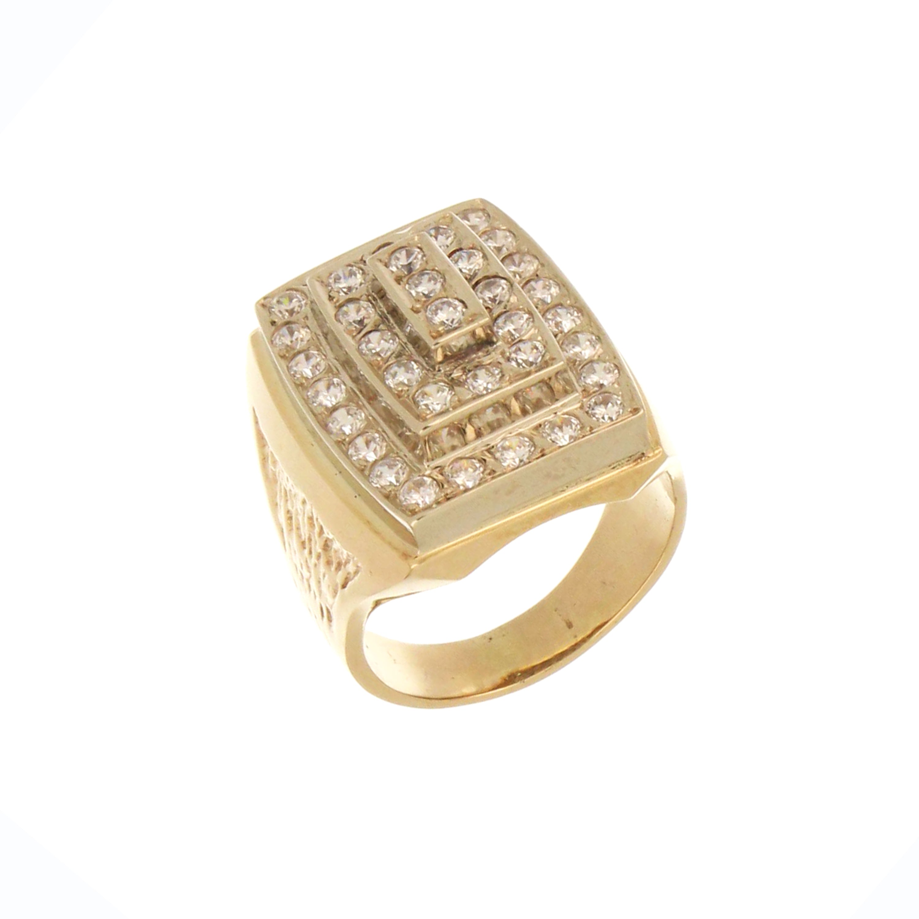 Rectangular 10kt gold band with concentric cubic zirconia rows