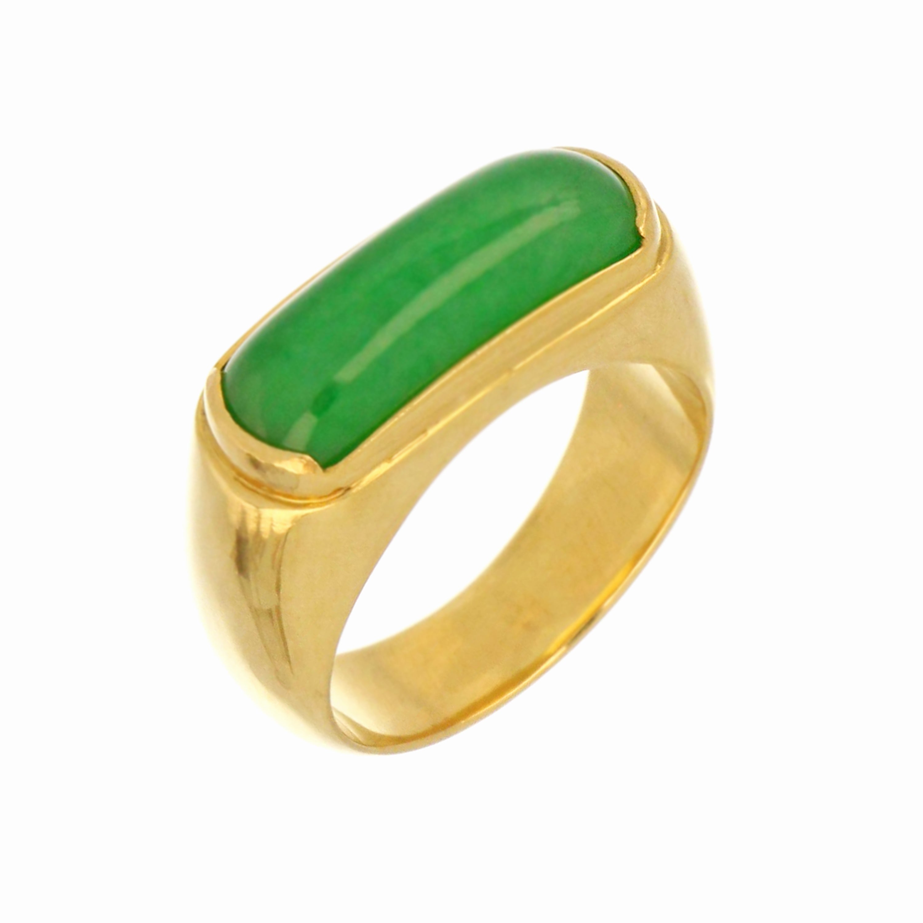 Top view of 14kt yellow gold jade ring showing smooth polished shank and broad jadeite jade centerpiece