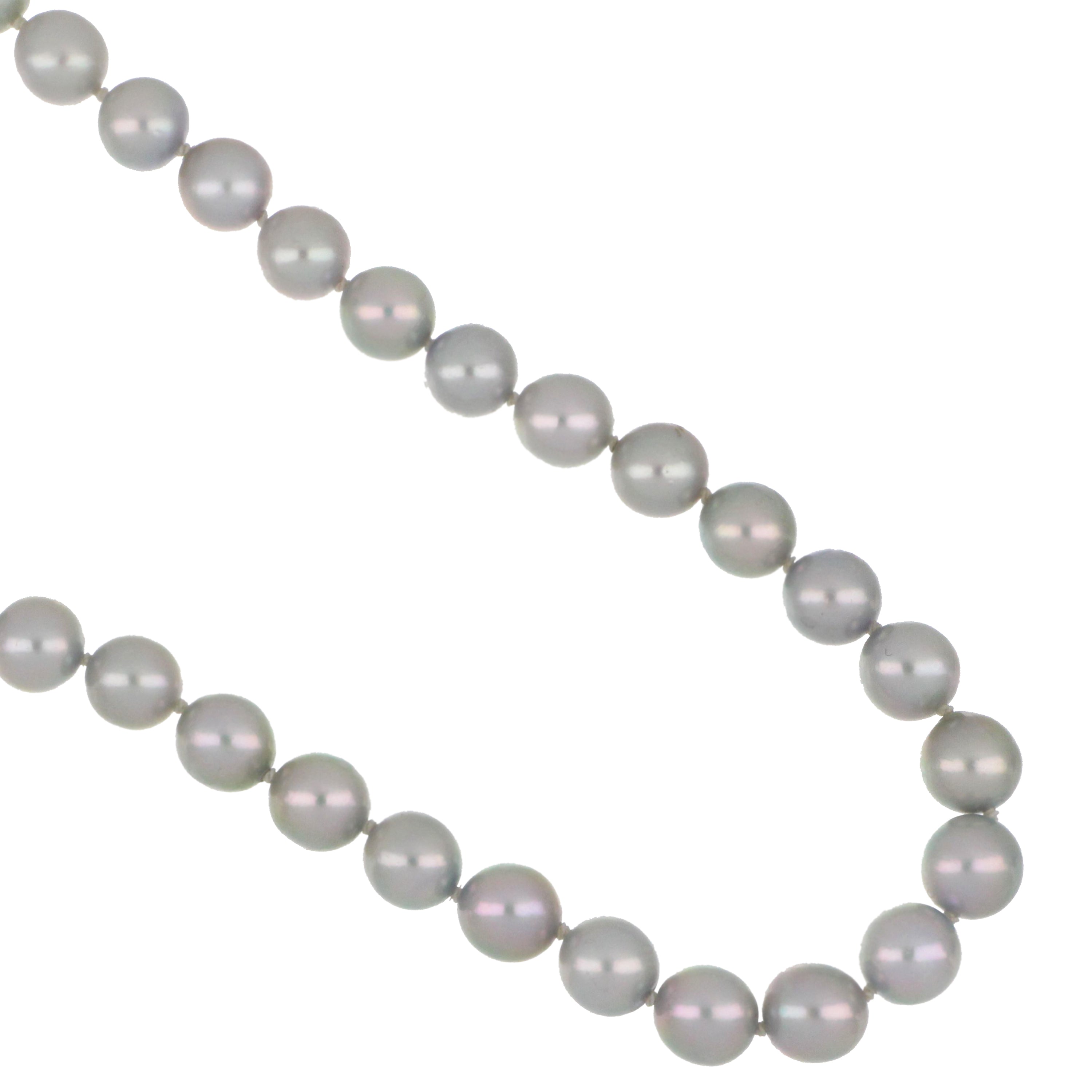 14K yellow gold clasp with a string of 95 cultured grey pearls, close-up angle highlighting pearl luster