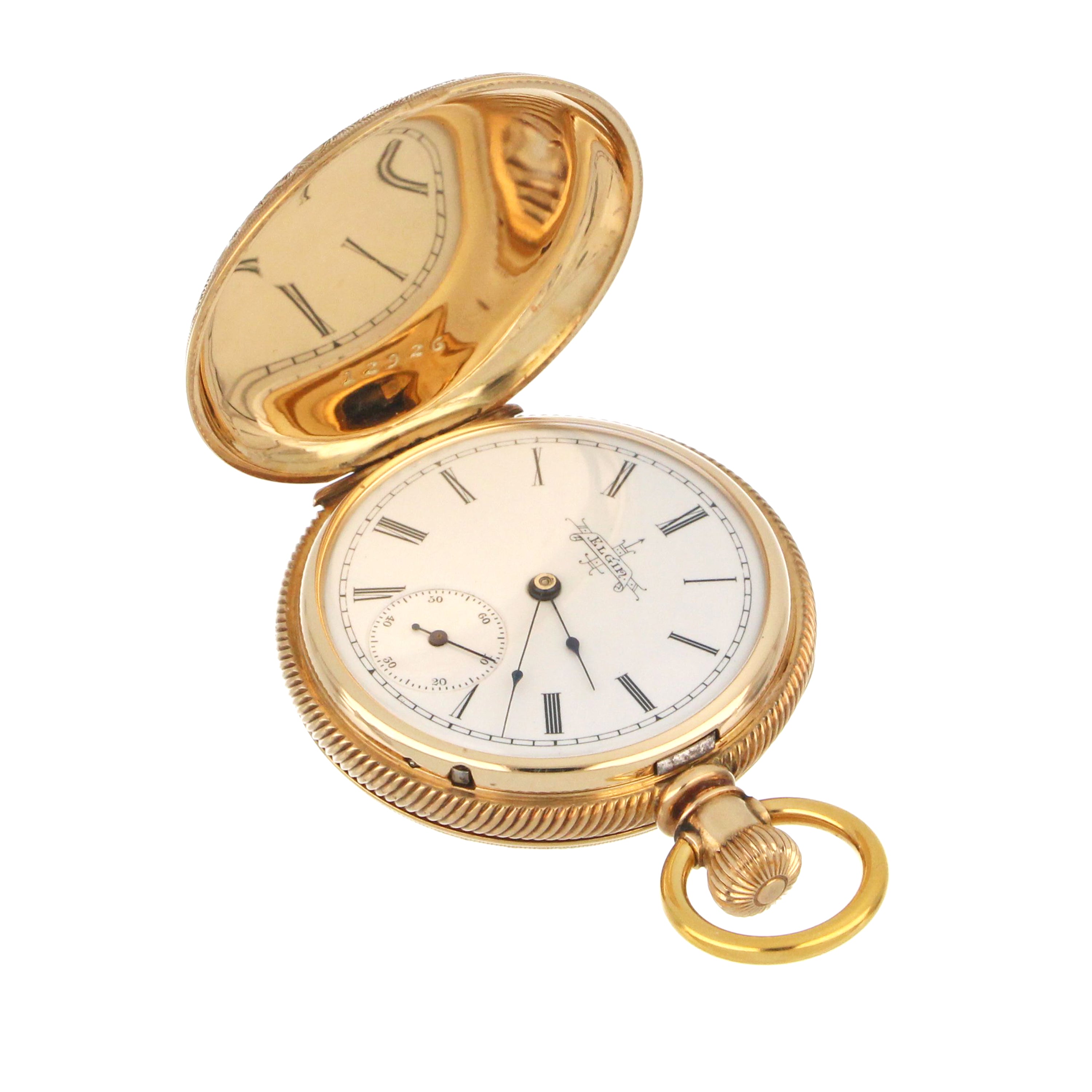 Side angle of Elgin pocket watch displaying 14kt yellow gold solid hunter case and case size of 40mm