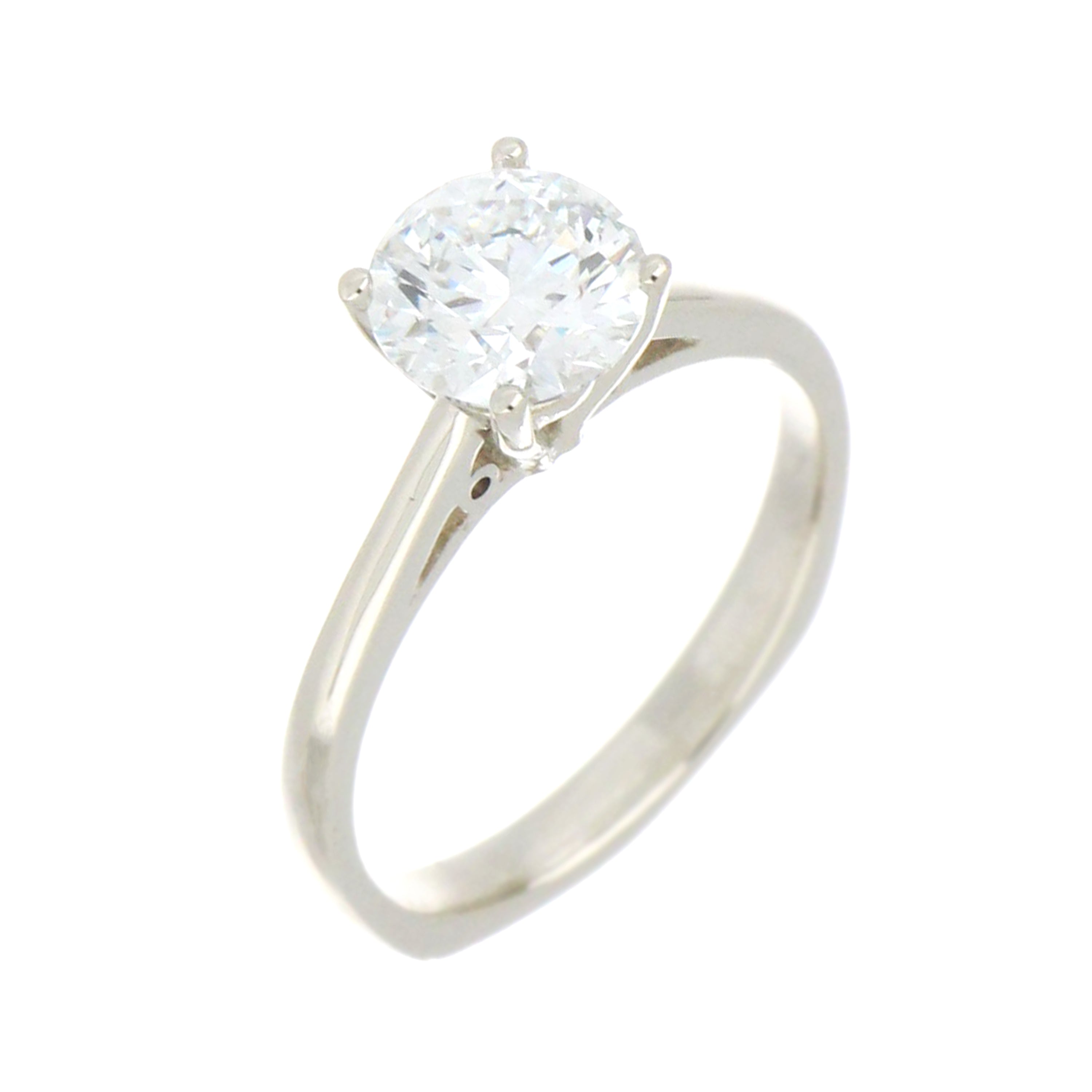 Close-up of lab grown diamond in 14kt white gold 4-claw solitaire ring, showcasing clarity and brilliance