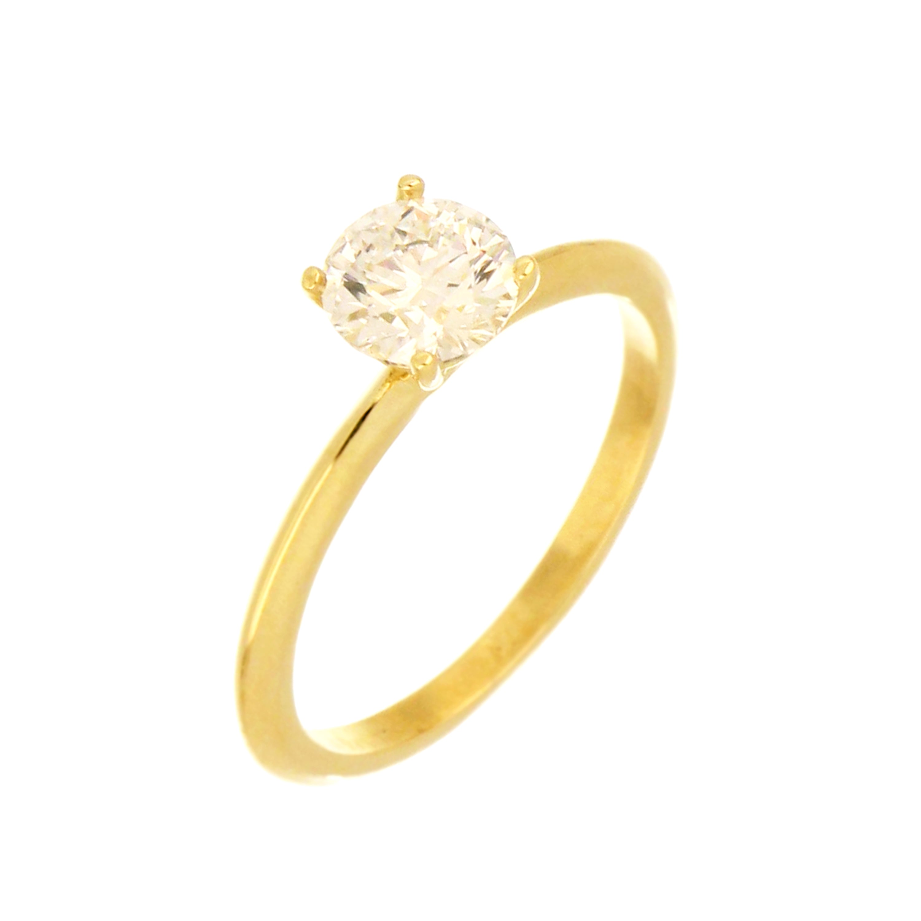 Close-up profile of yellow gold solitaire ring showcasing the 1.02ct round lab grown diamond and polished shank