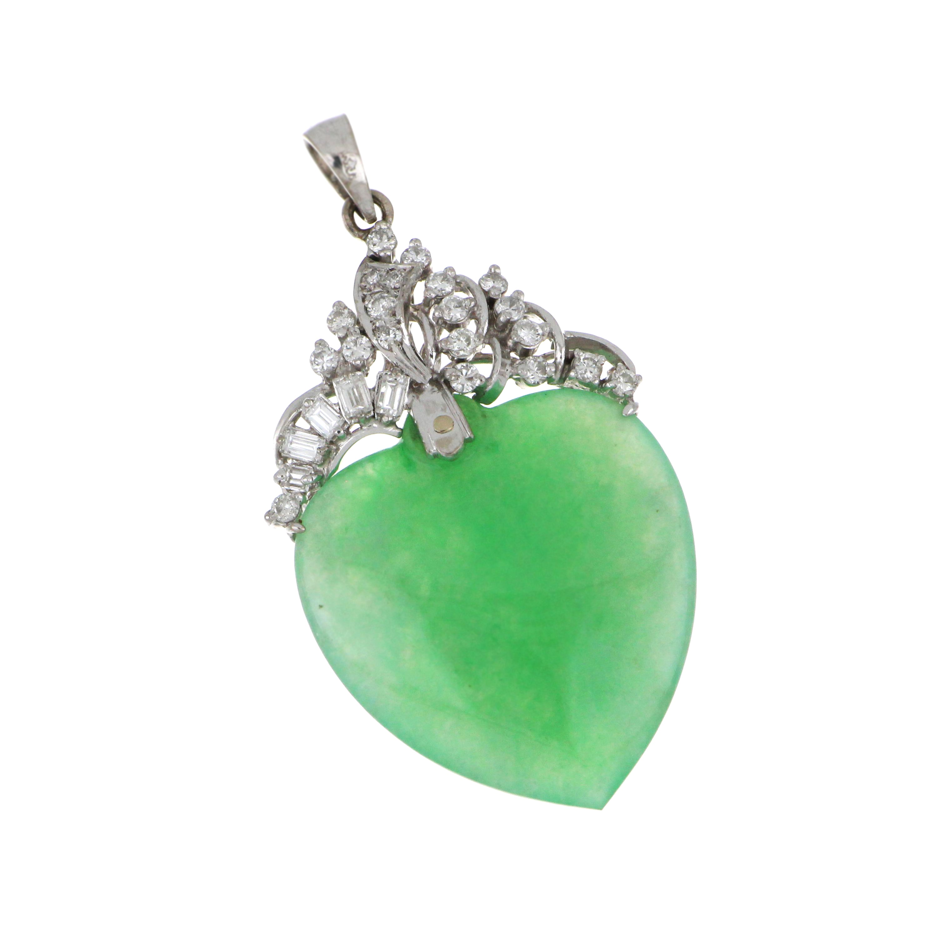 Top view of 14kt white gold jadeite heart pendant showcasing light green jade and sparkling 0.25ct diamonds