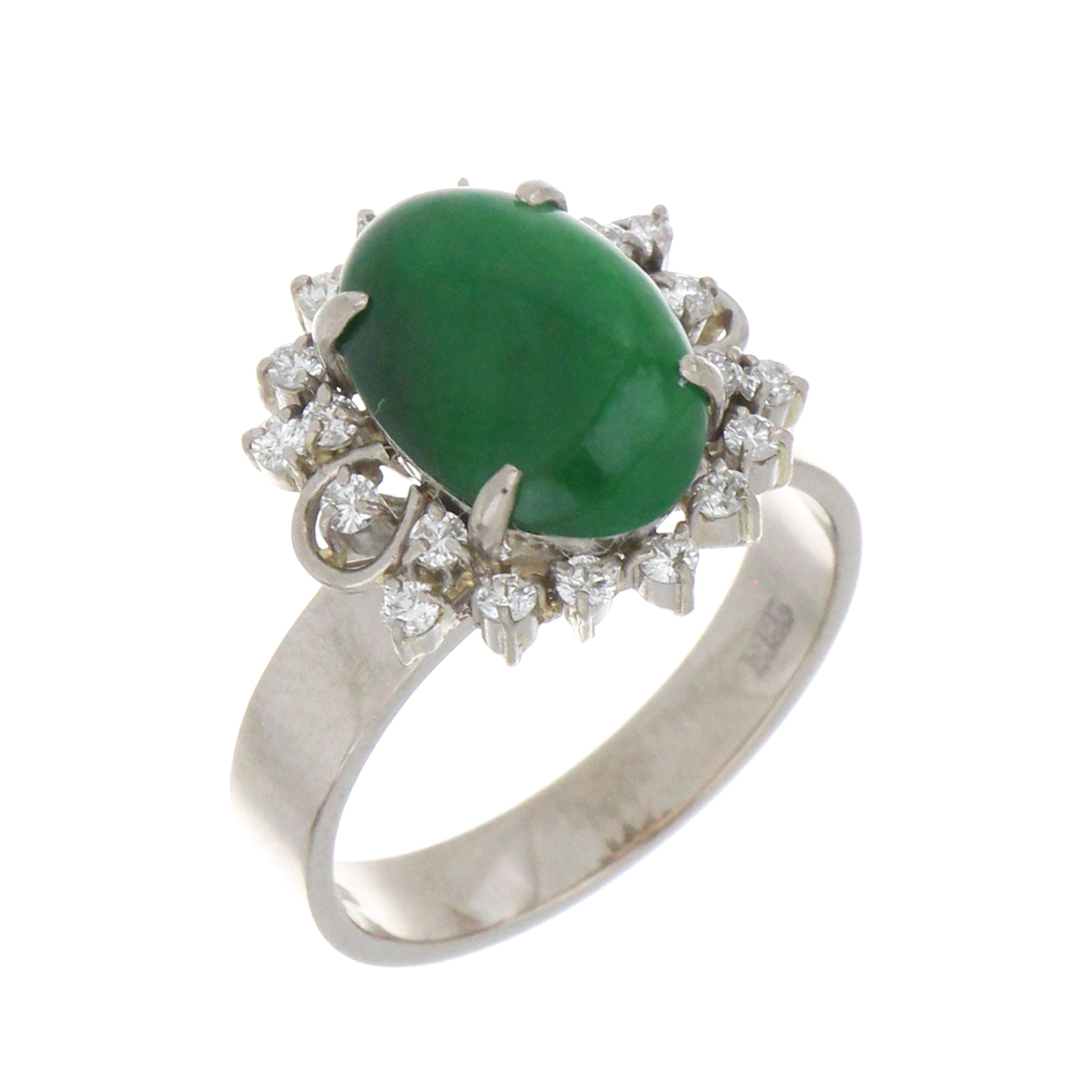 Close-up of 18kt white gold jadeite jade ring showcasing 20 round brilliant diamonds in claw setting