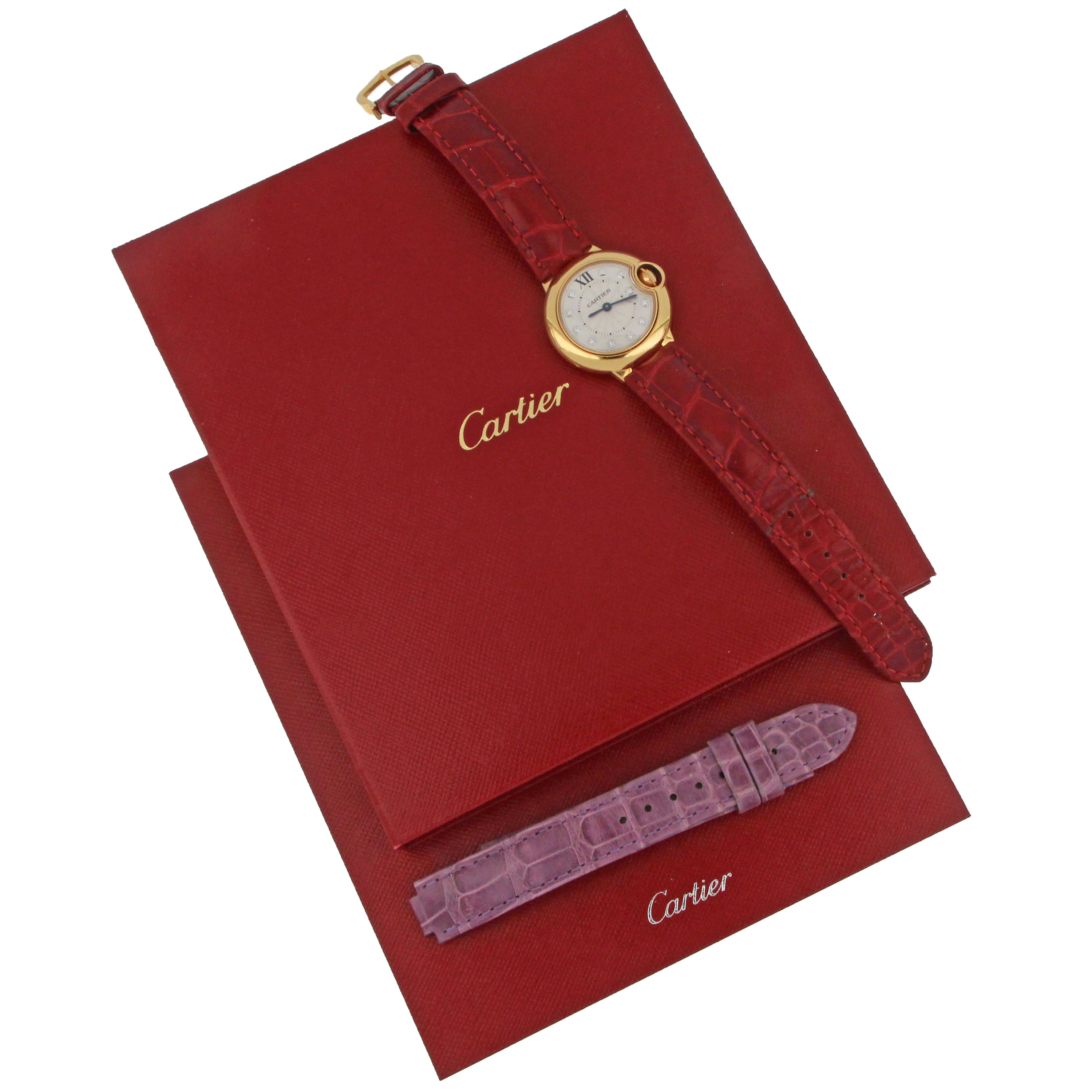Extra purple alligator leather strap included with Cartier Ballon Bleu ladies watch