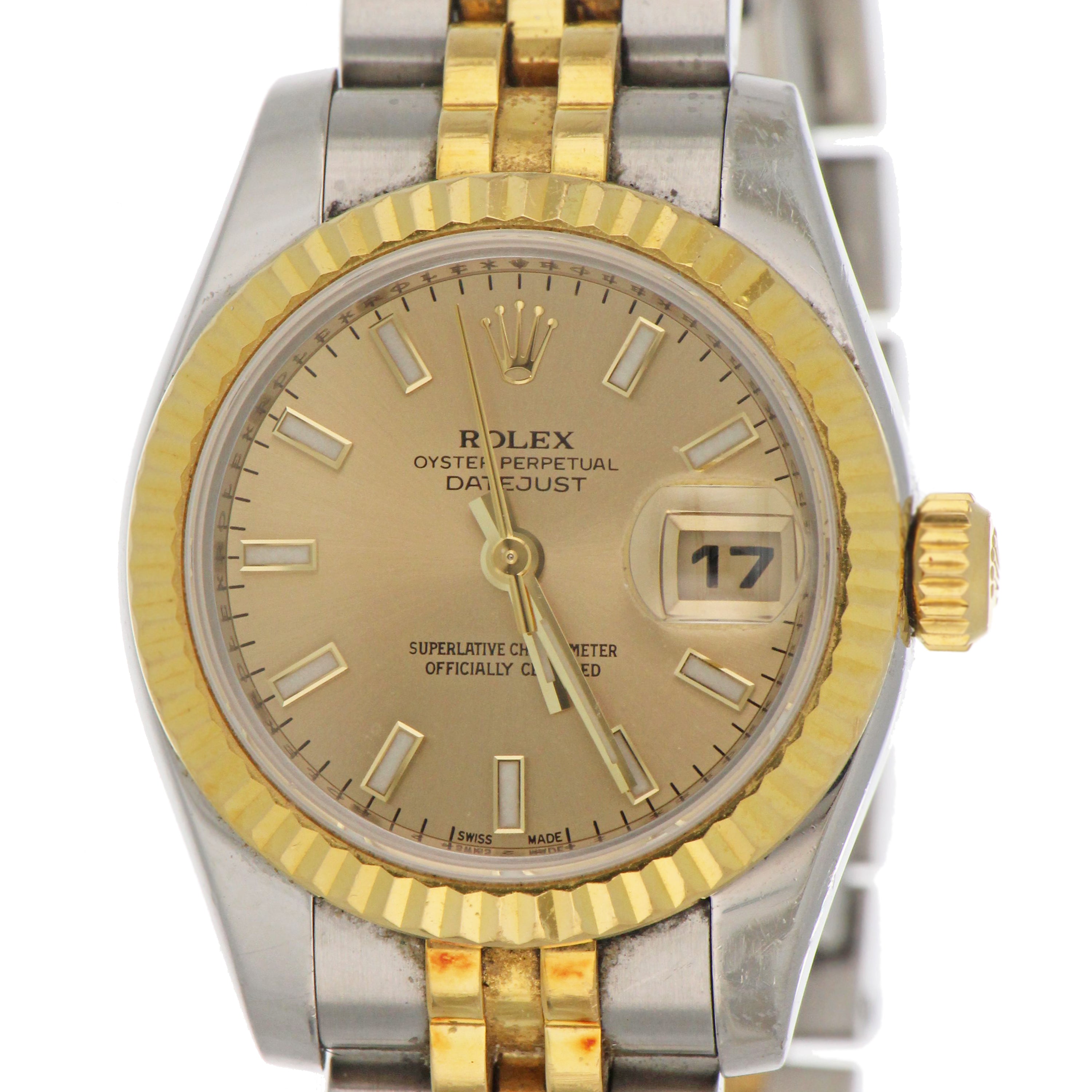 Close-up of champagne dial on Rolex Oyster Perpetual Datejust ladies watch highlighting gold indices and date window