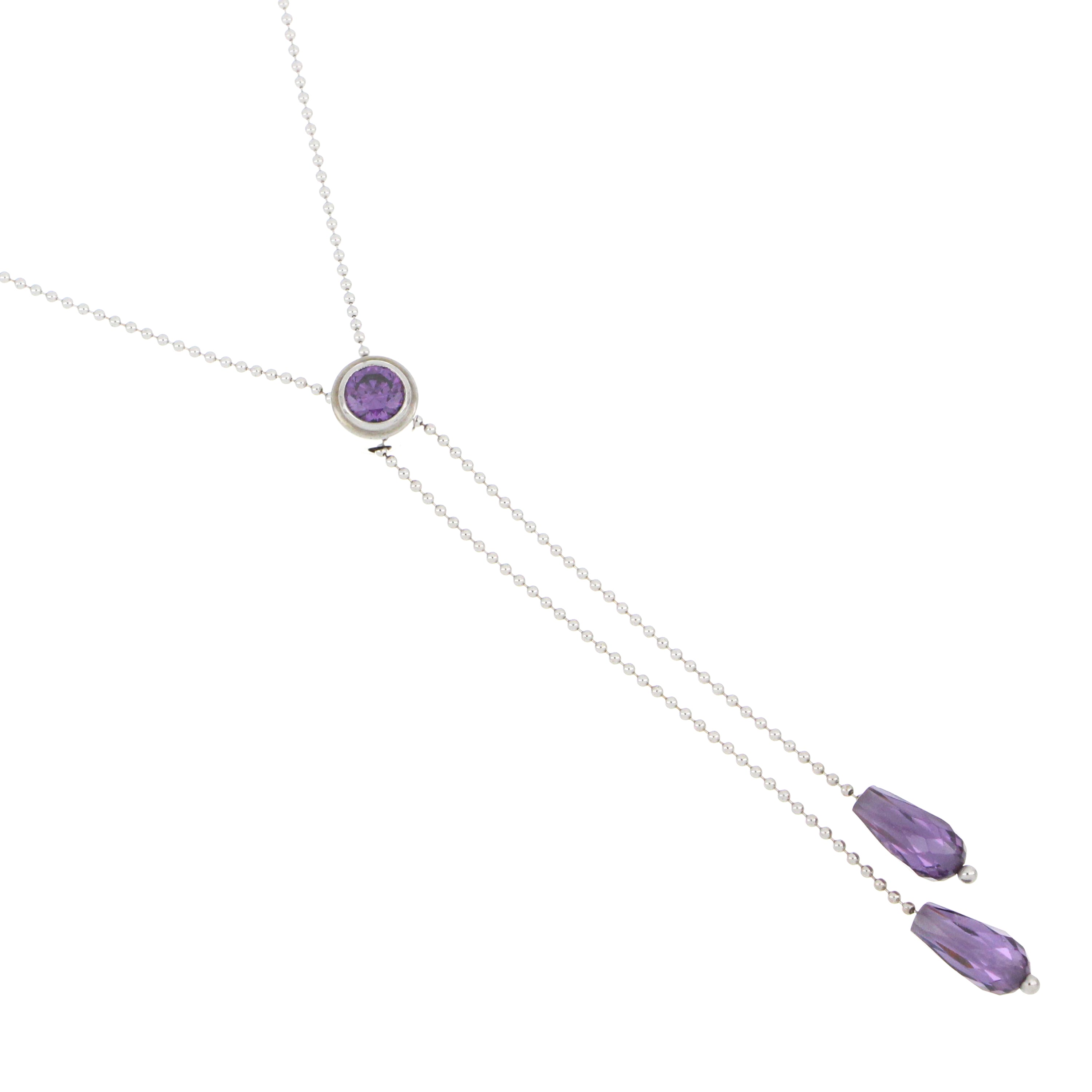 14kt white gold necklace with central round amethyst stone and two water-drop shaped amethyst side stones, viewed from front