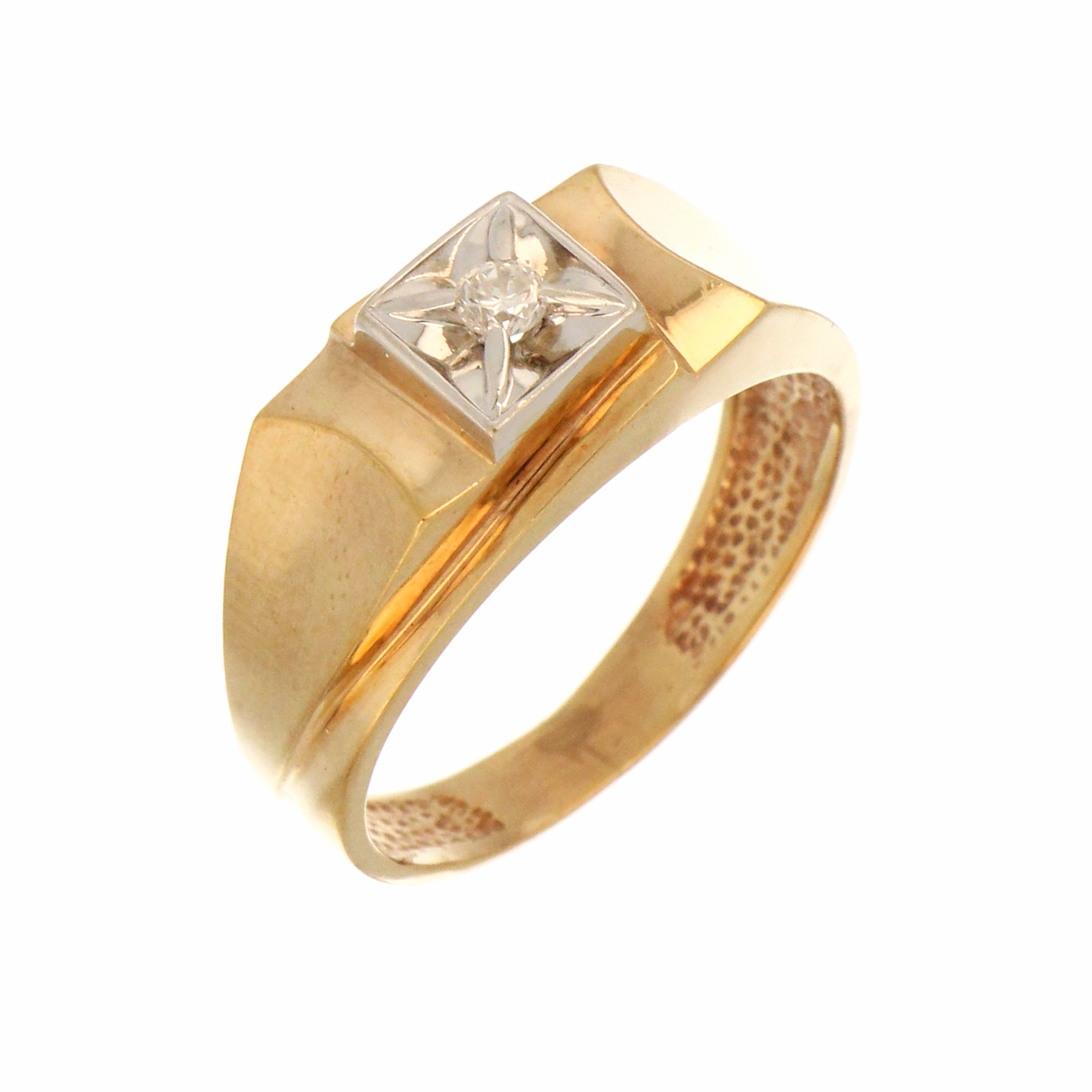 Side angle view of 10kt yellow gold diamond band ring, showcasing diamond setting and polished gold surface