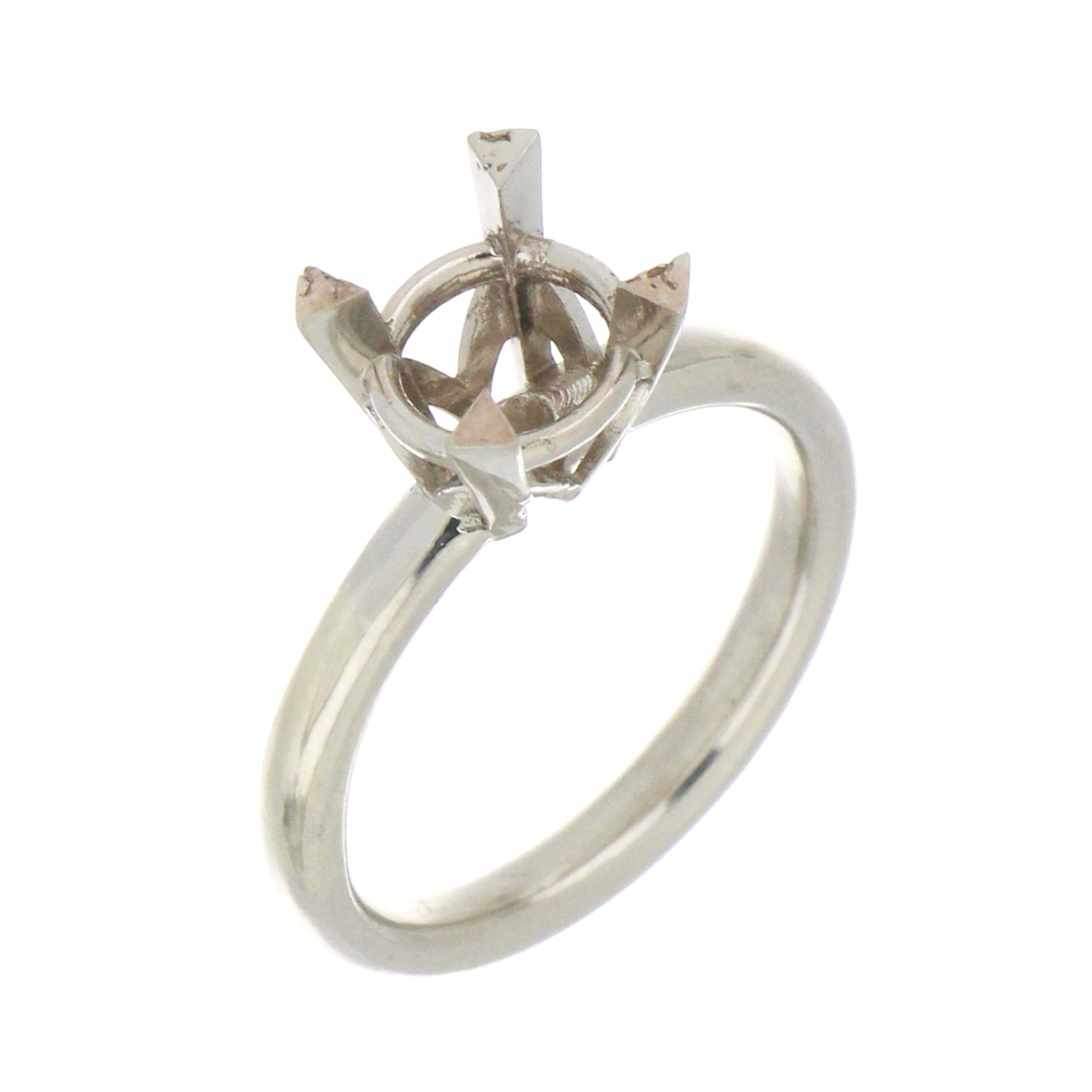 Side view of 14kt white gold solitaire ring mounting highlighting basket setting and smooth band