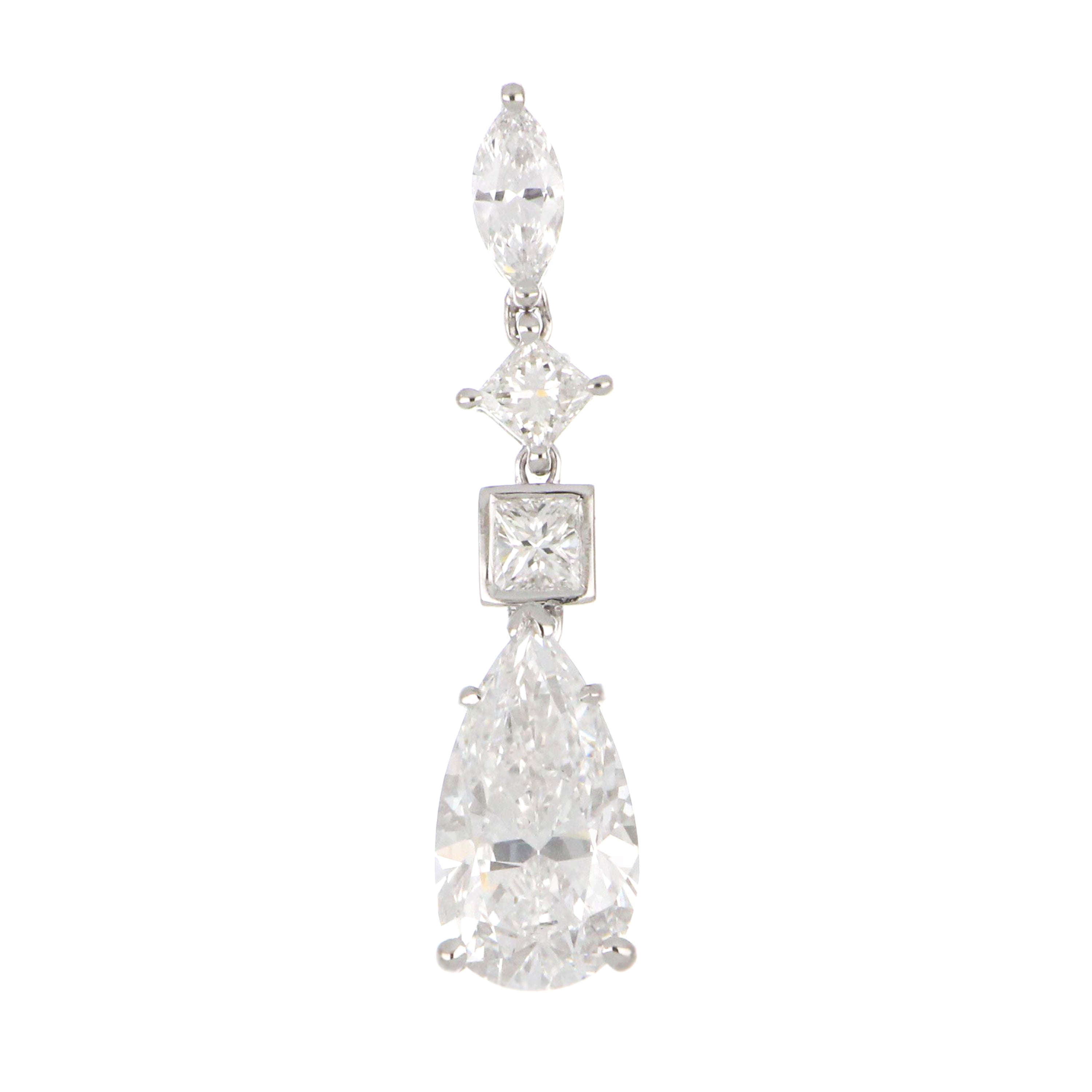 Close-up of pear-shaped 2.00ct diamond with marquise and princess cut diamonds on 18kt white gold pendant
