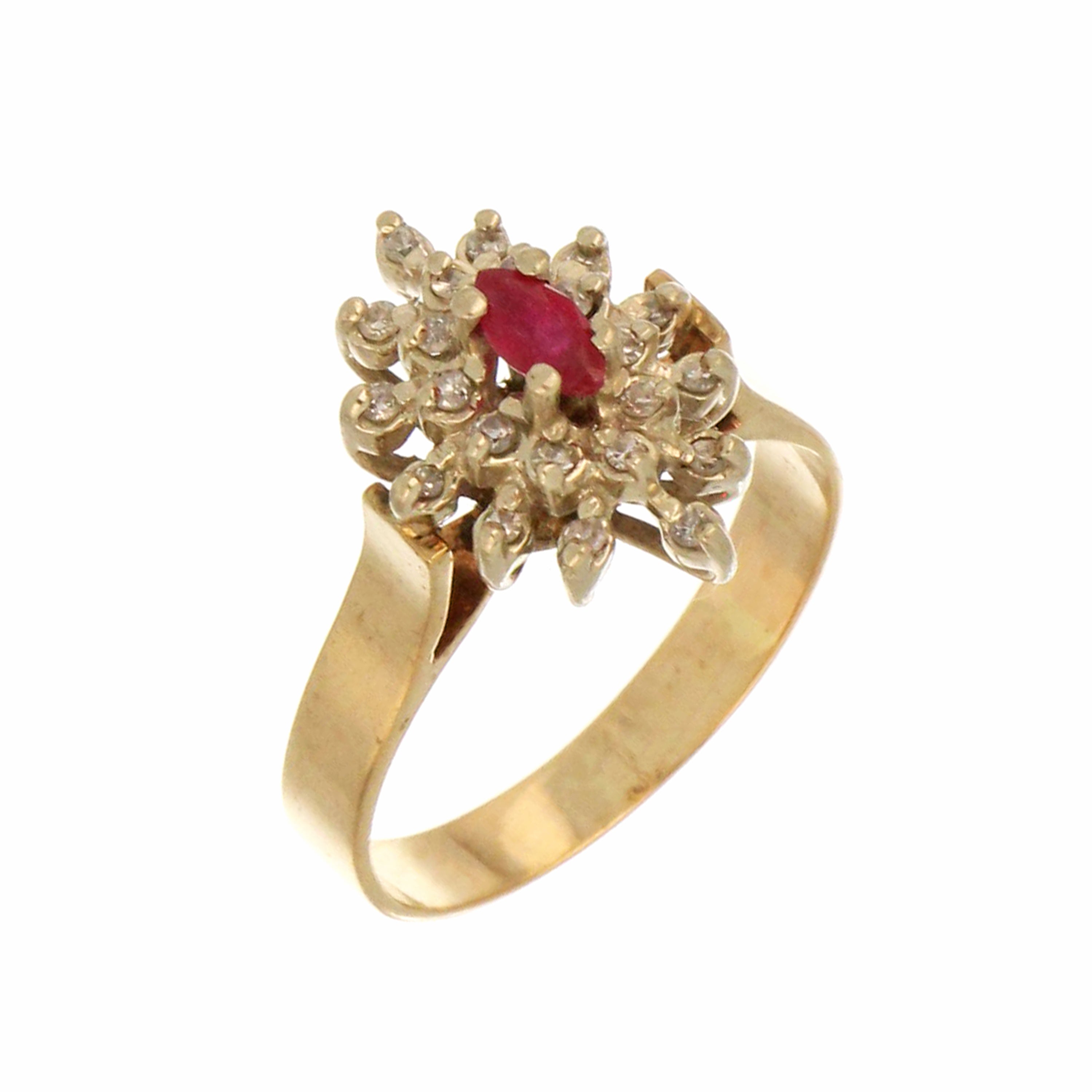 Side view of 10kt yellow gold ruby and diamond ring showing band design and stone setting, weighing 3.54 grams