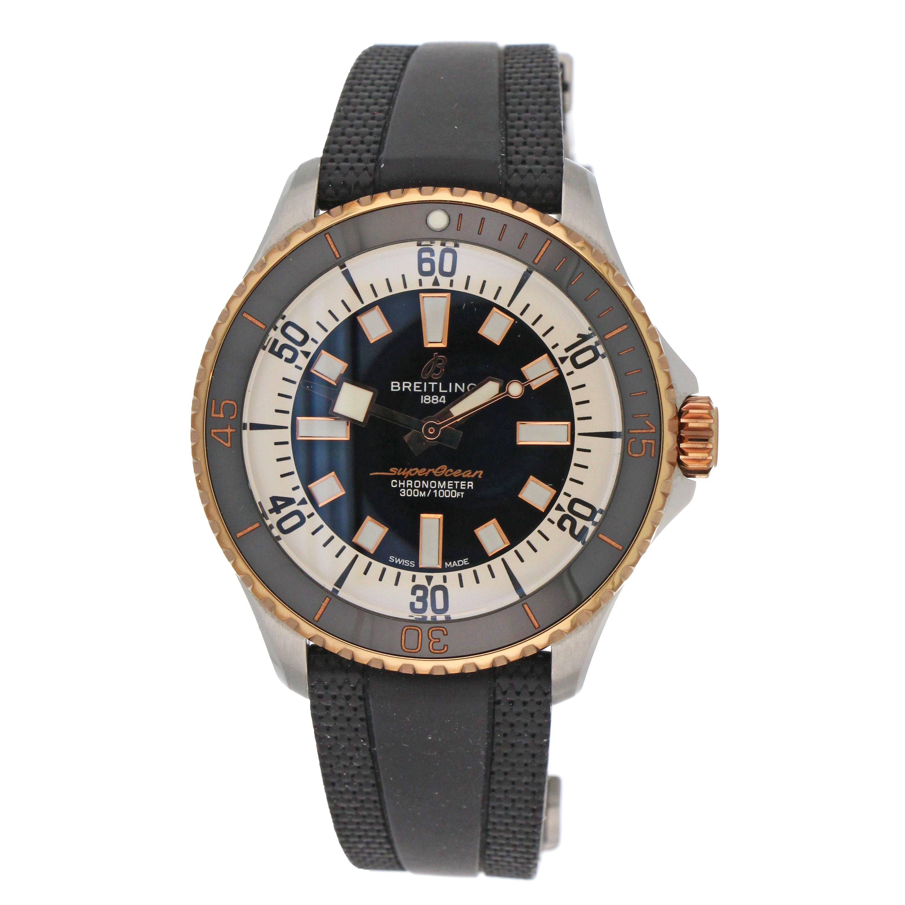 Side profile of Breitling SuperOcean highlighting stainless steel case and black rubber strap.