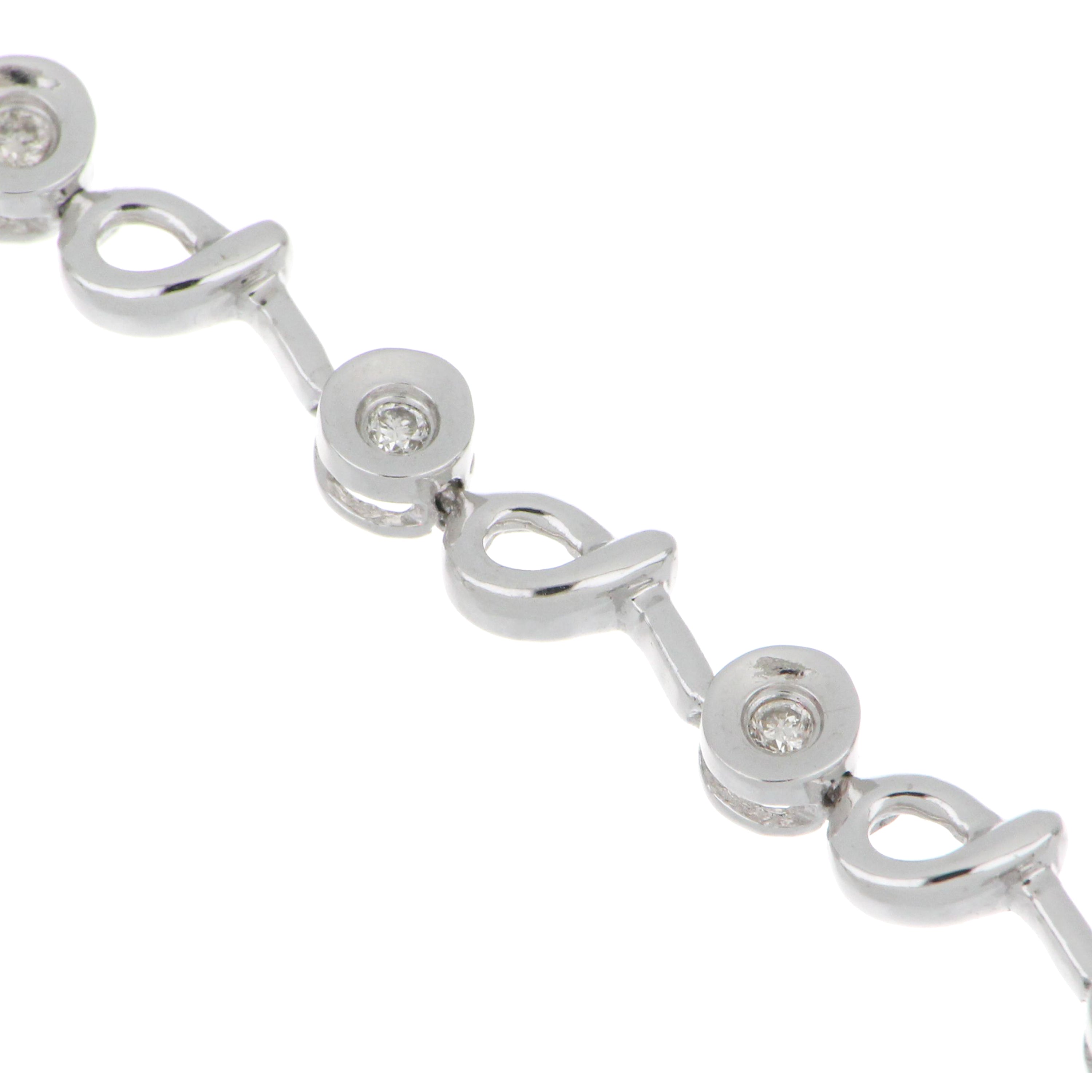 Side view of white gold diamond bracelet highlighting diamond clarity and secure gypsy mounting