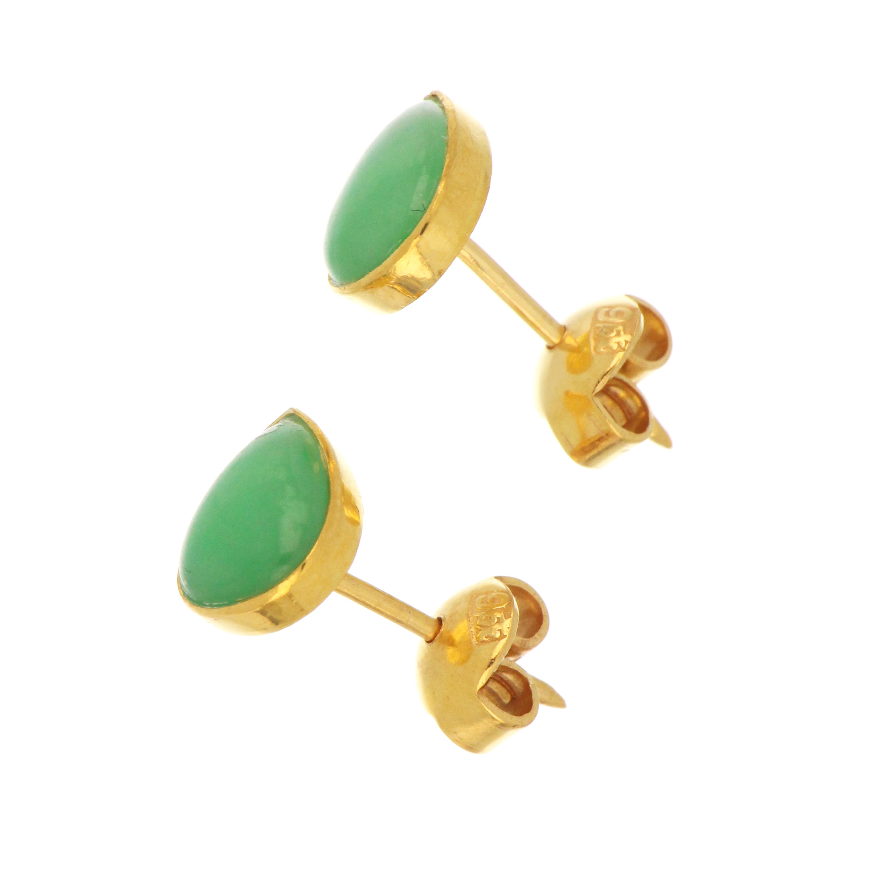 Side angle view of 22kt yellow gold jadeite jade stud earrings showing pear-shaped jade gemstones and polished gold finish