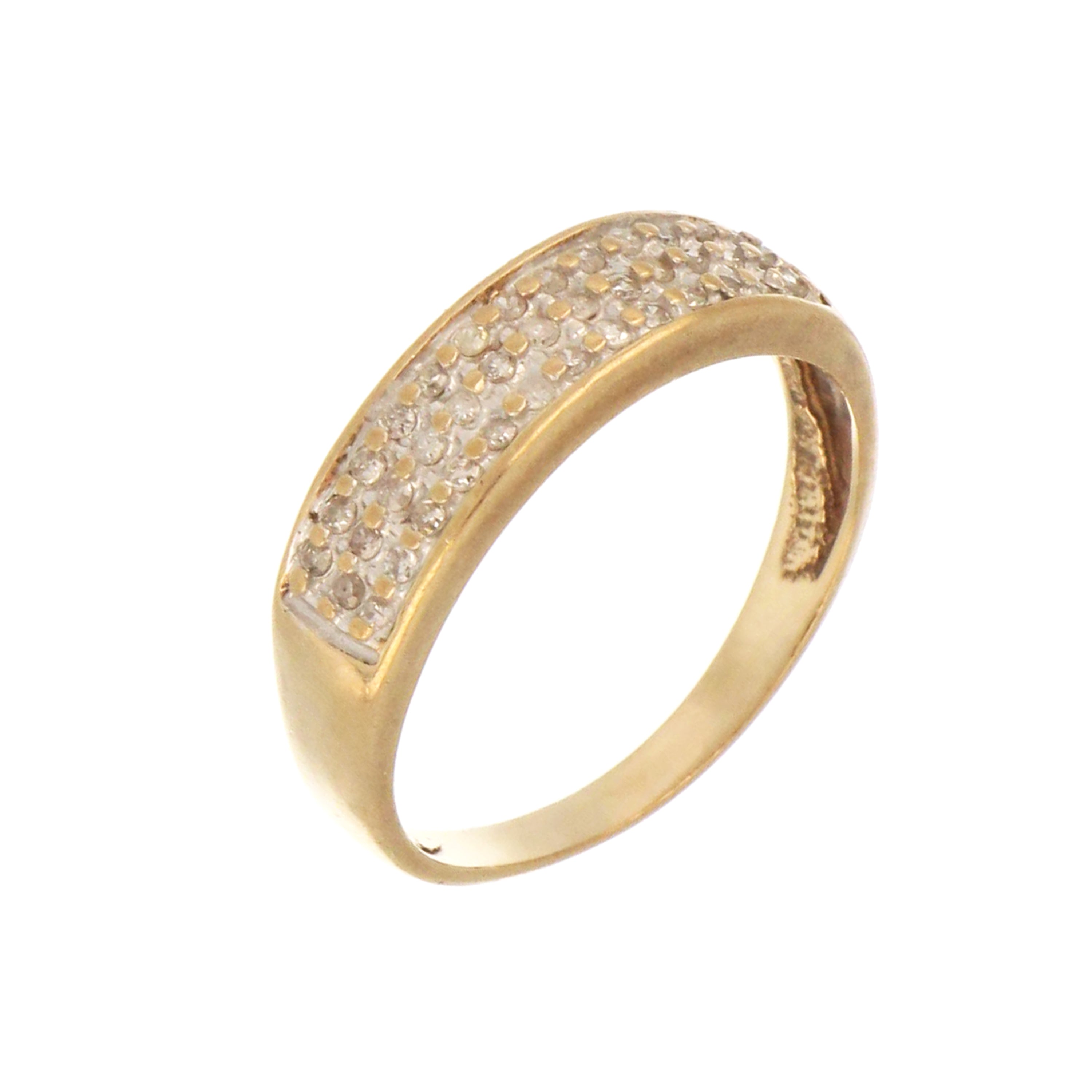 Close-up of 10kt yellow gold diamond band showcasing 39 single cut diamonds in a sparkling row, ring size 7.