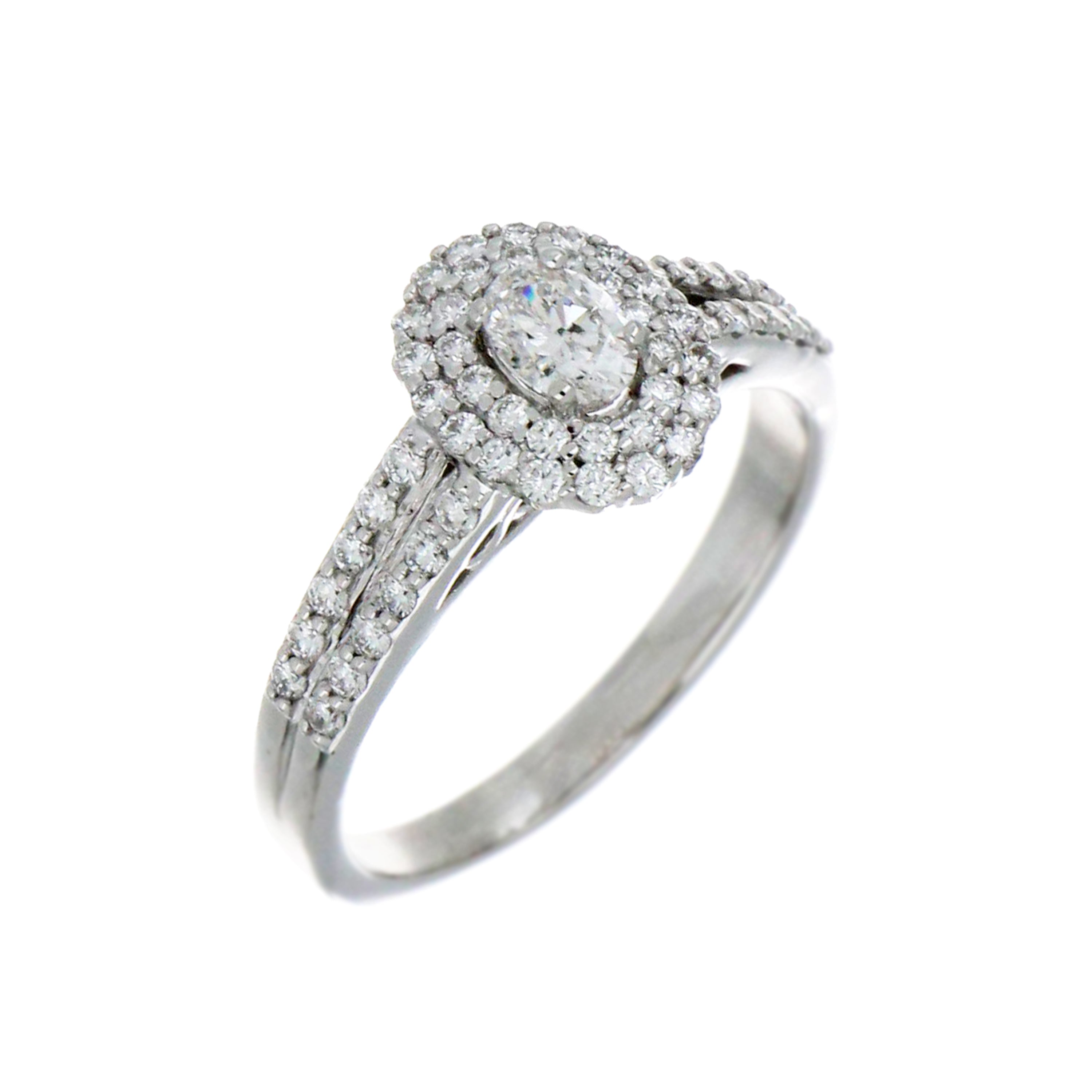 Angled shot showing profile and diamond arrangement of 14kt white gold diamond ring