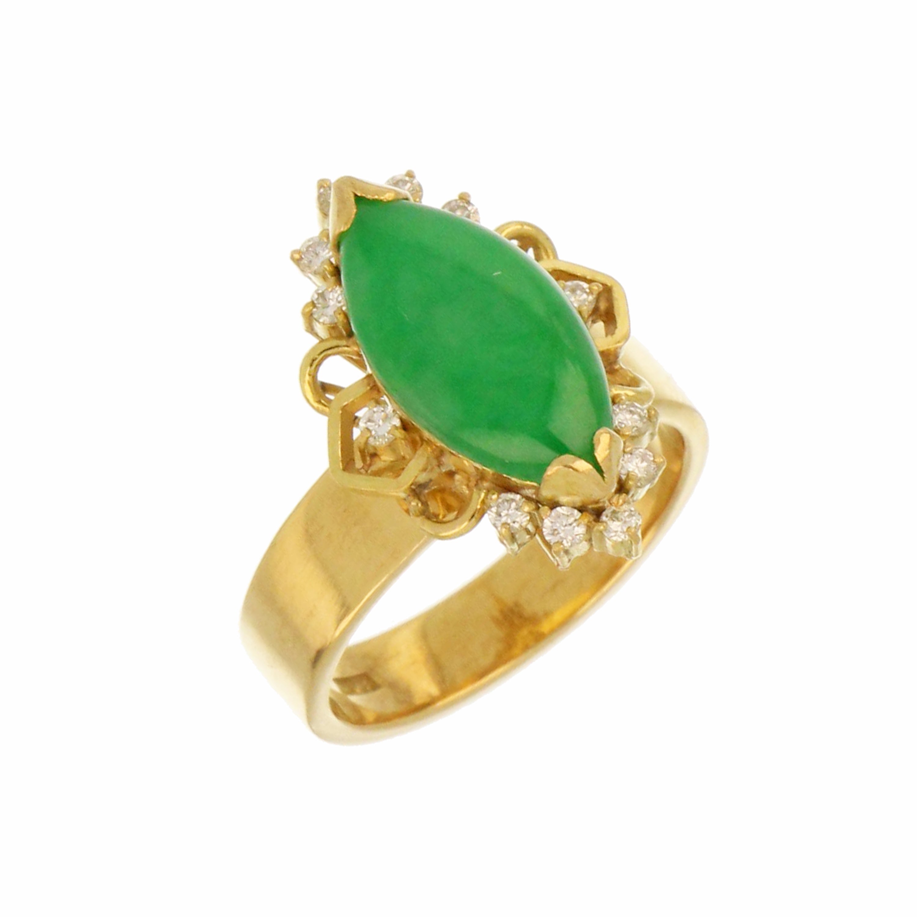 Top view of elegant 18kt yellow gold jadeite jade ring showcasing marquise jade stone and surrounding round diamonds