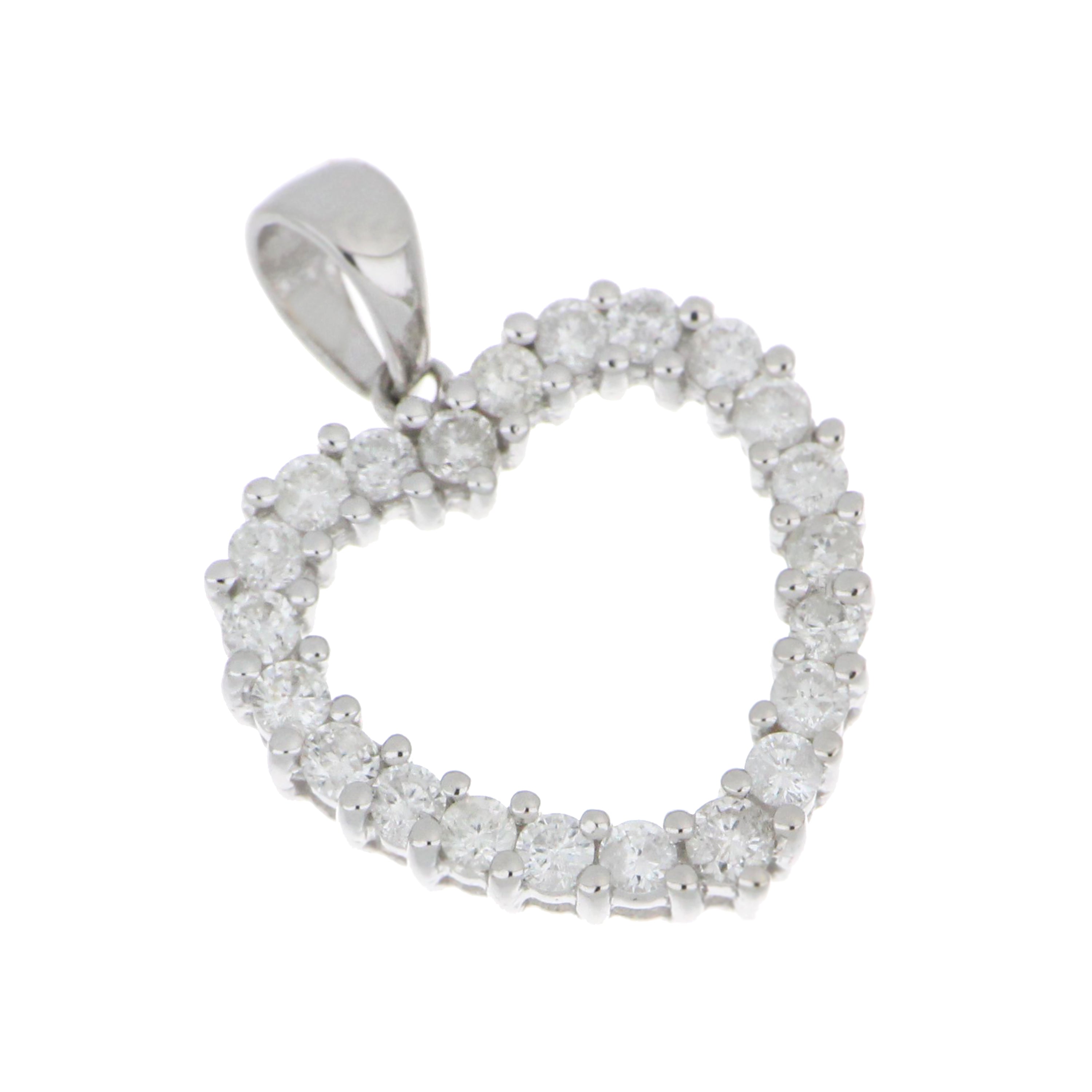 Side profile of elegant 18kt white gold diamond heart pendant highlighting claw settings and sparkling round diamonds in Vancouver jewelry collection