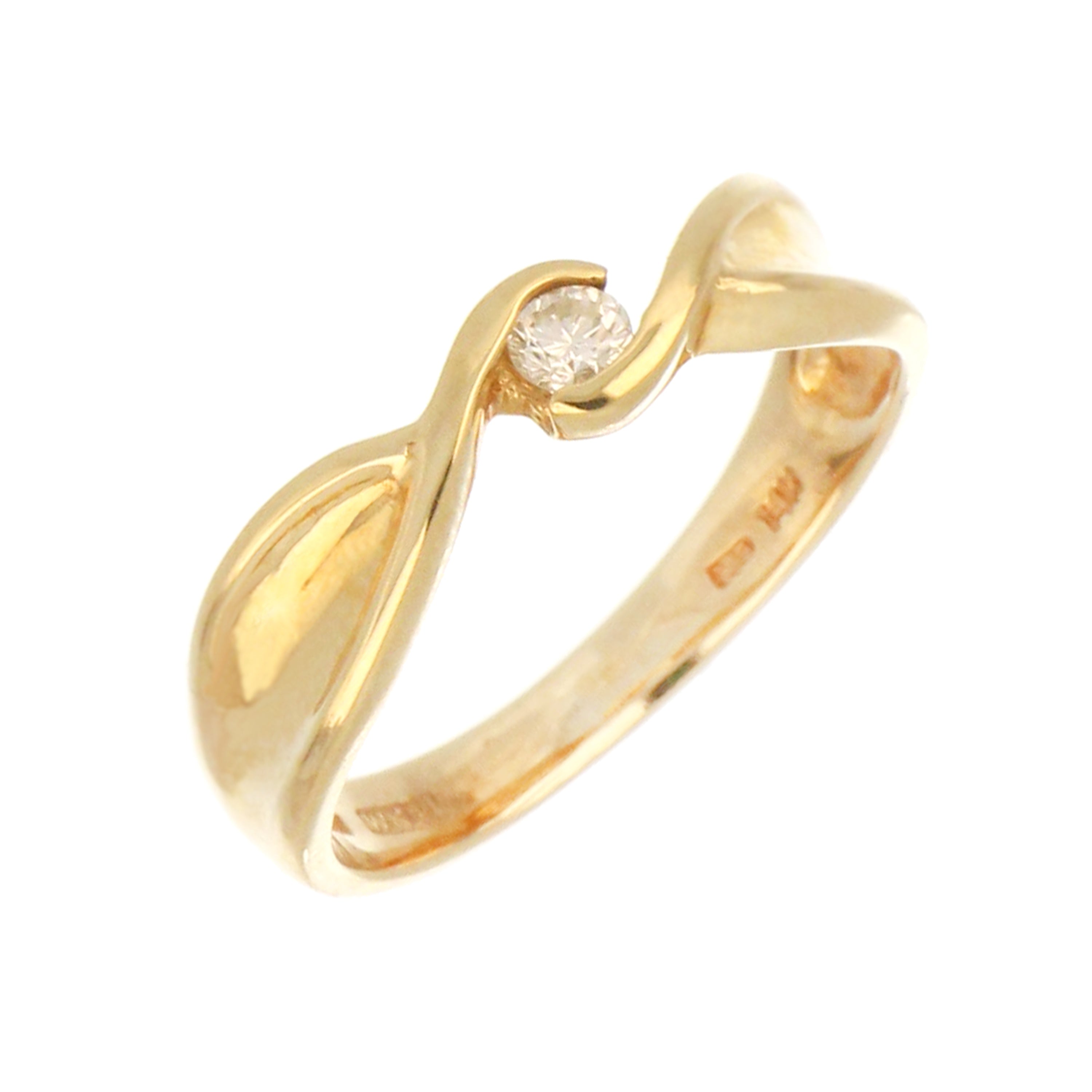 Side profile of 14kt yellow gold band showcasing elegant diamond setting and smooth polished finish
