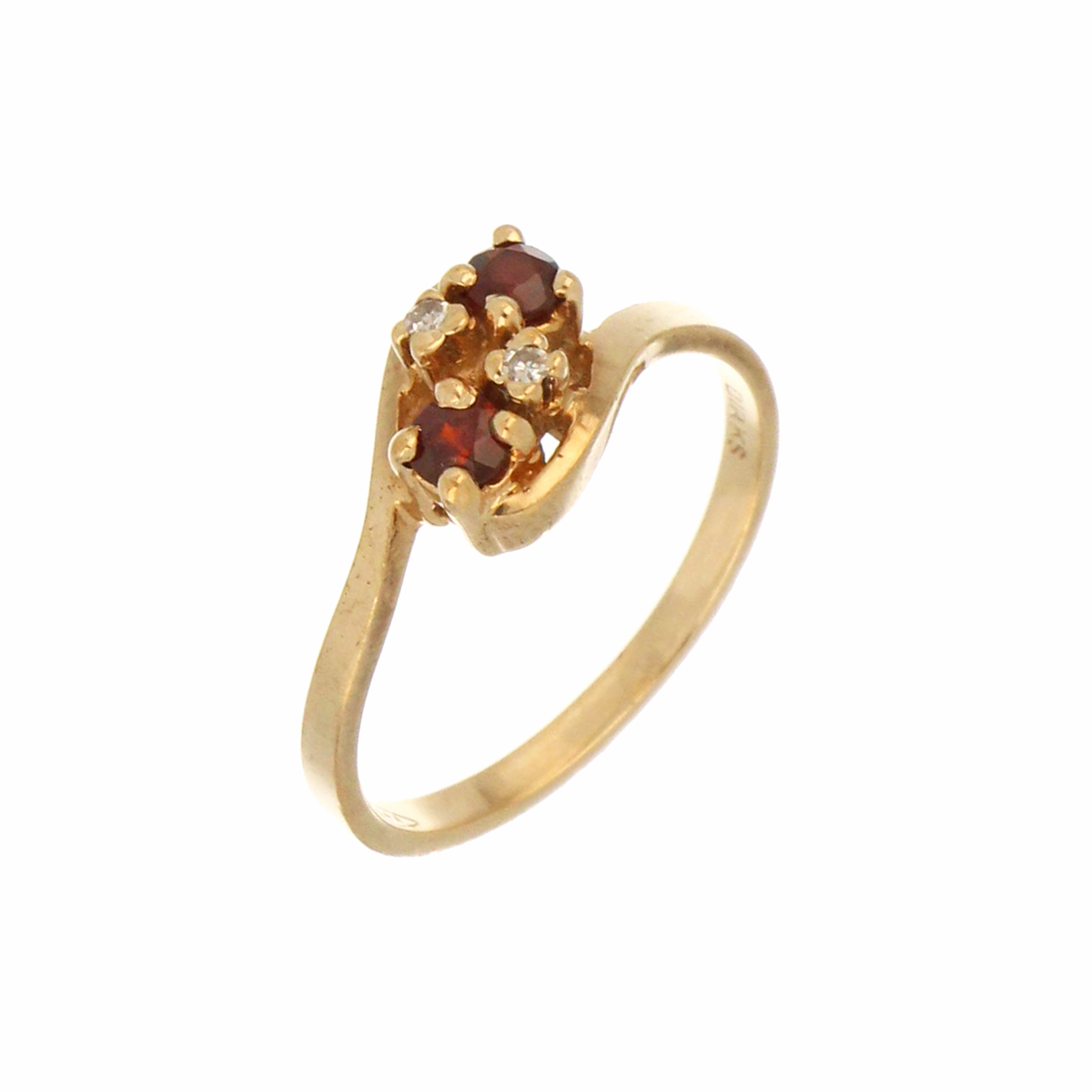Side view of 10kt yellow gold garnet and diamond ring displaying band detail and stone placement, weighing 2.03 grams