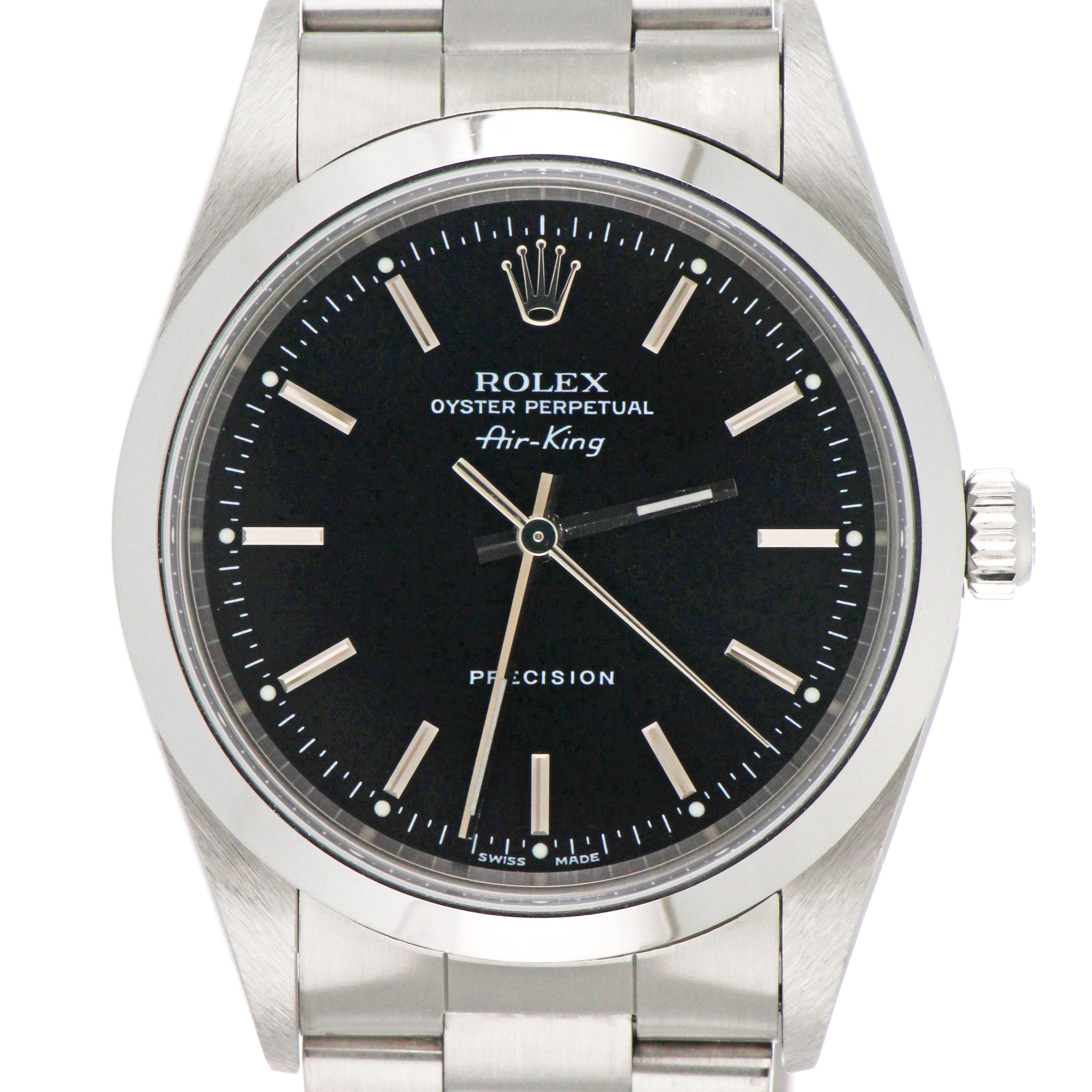 Mens' Rolex Oyster Perpetual Air King showing stainless steel case profile and bracelet links
