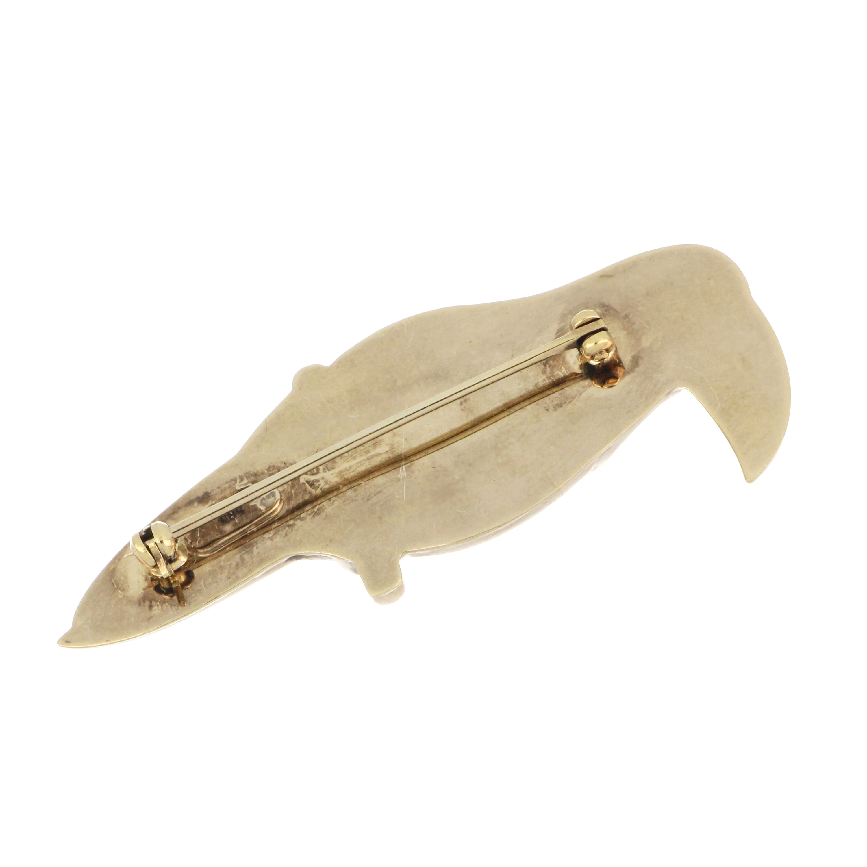 Side angle of 14kt white gold bird brooch, detailed craftsmanship, elegant design