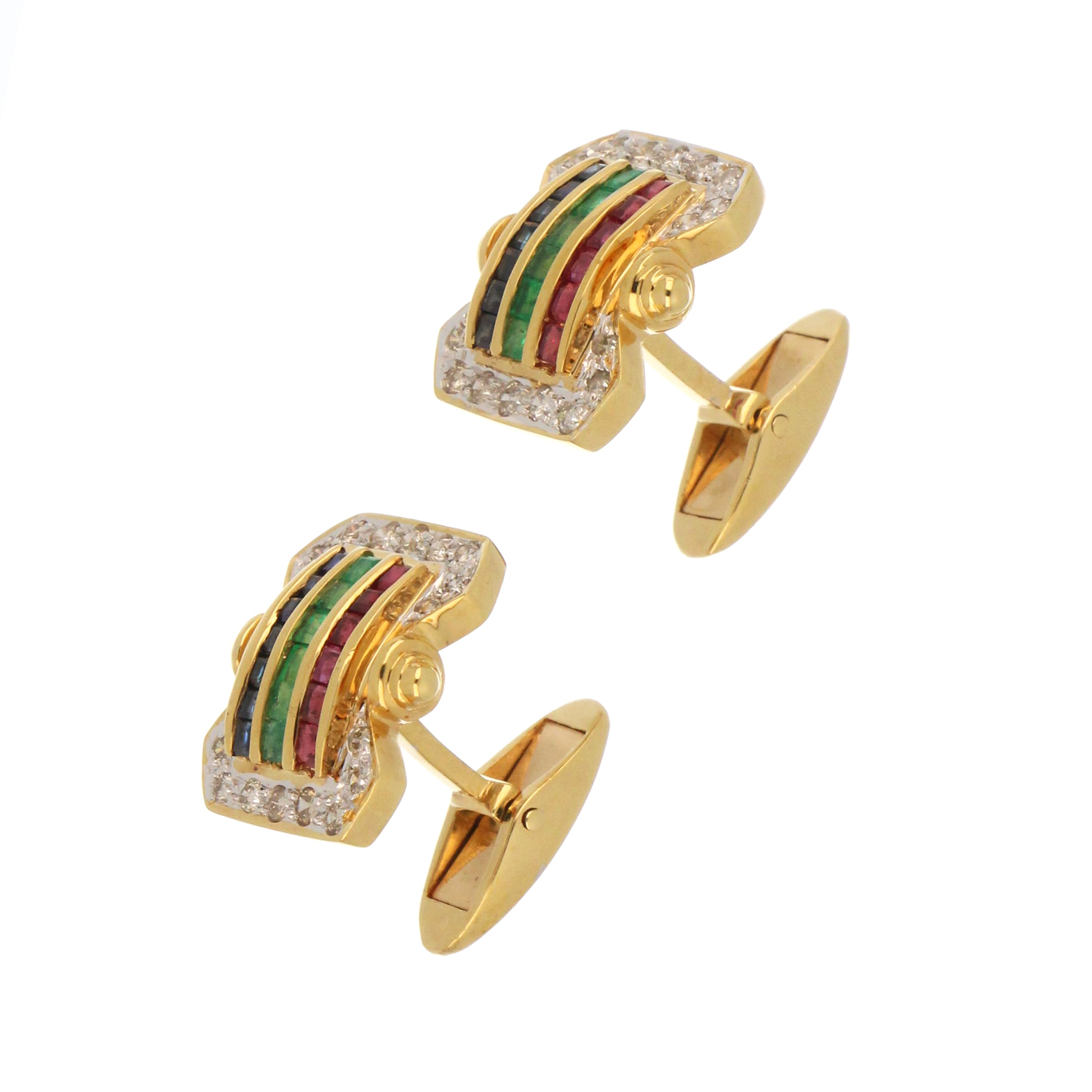 Elegant angle of pre-owned 18kt yellow gold cufflink adorned with round diamonds and vibrant colored gemstones, weighing 14.03 grams