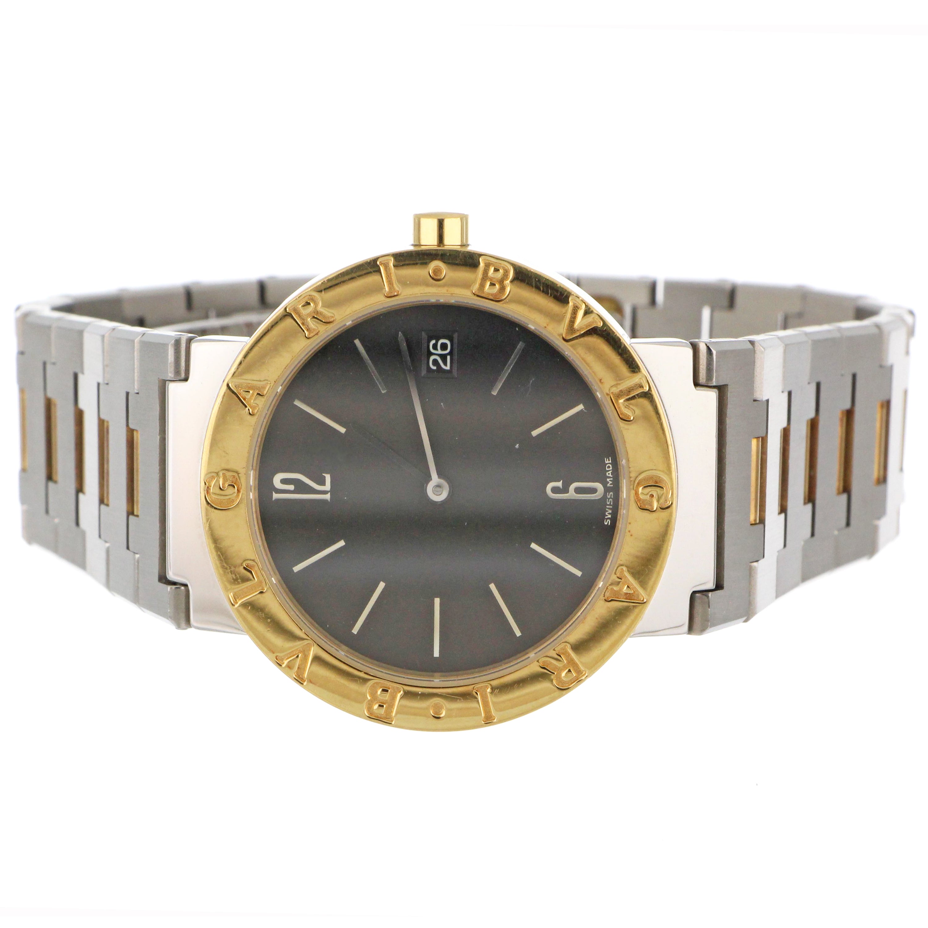Side profile of Mens' Bvlgari watch showcasing stainless steel case thickness and prismatic sapphire crystal glass