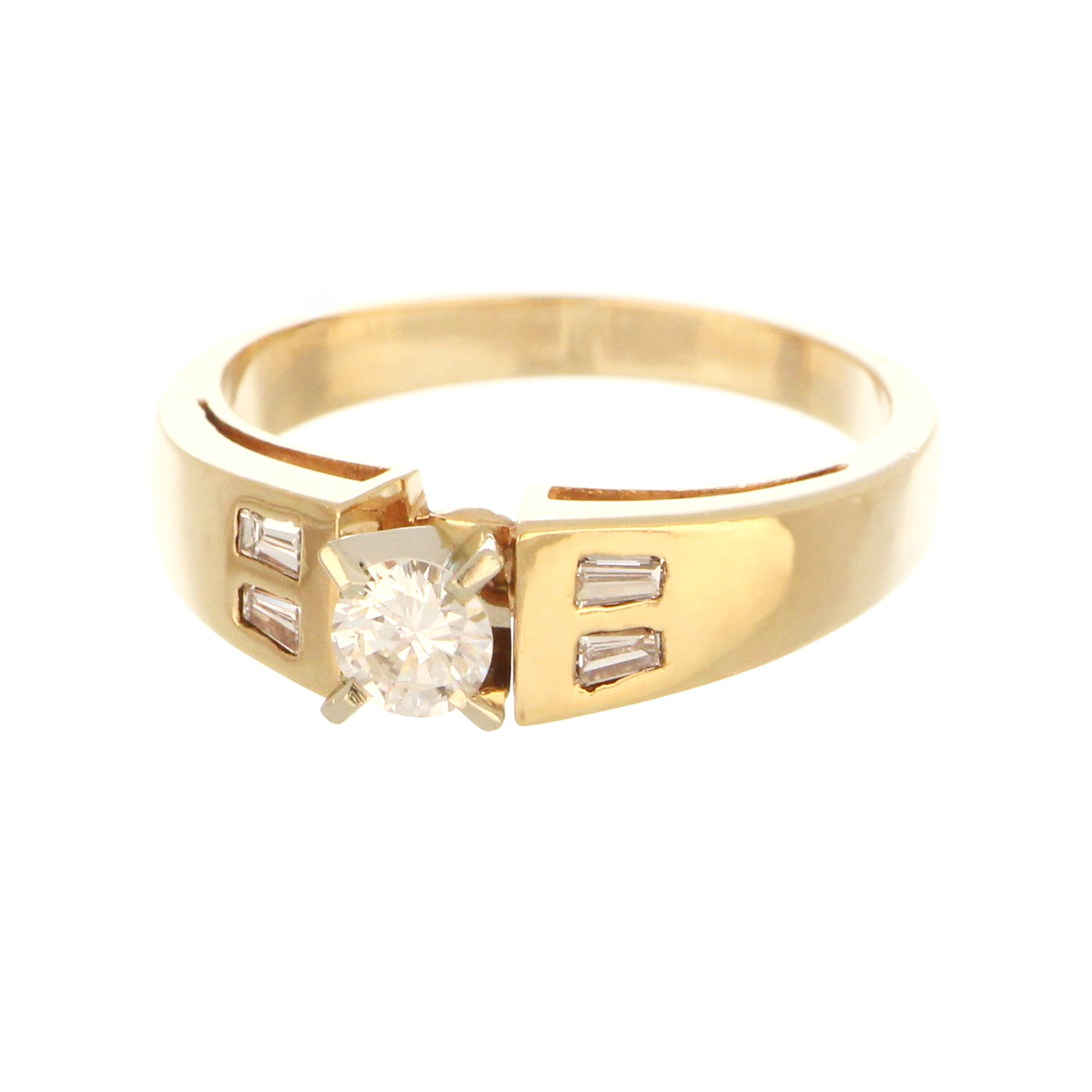 Side profile of 14kt yellow gold engagement diamond ring highlighting band thickness and detailed settings