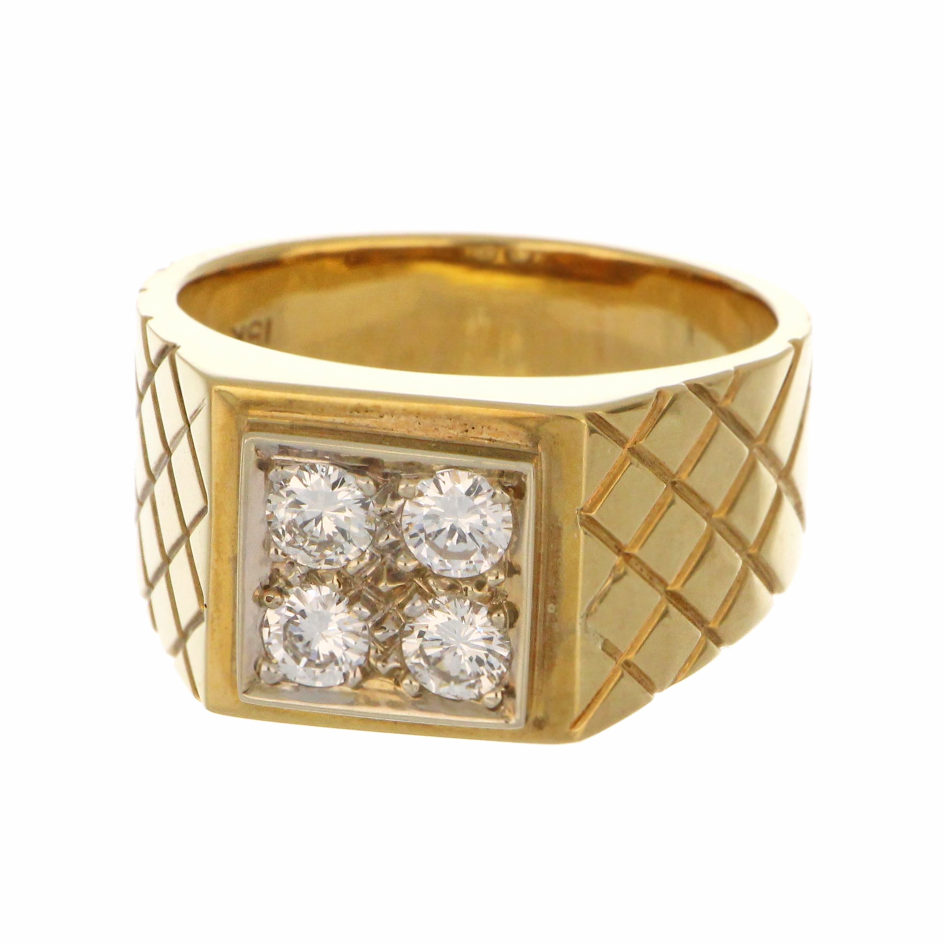 Side profile of elegant 18kt yellow gold diamond band weighing 13.64 grams, ring size 9.5