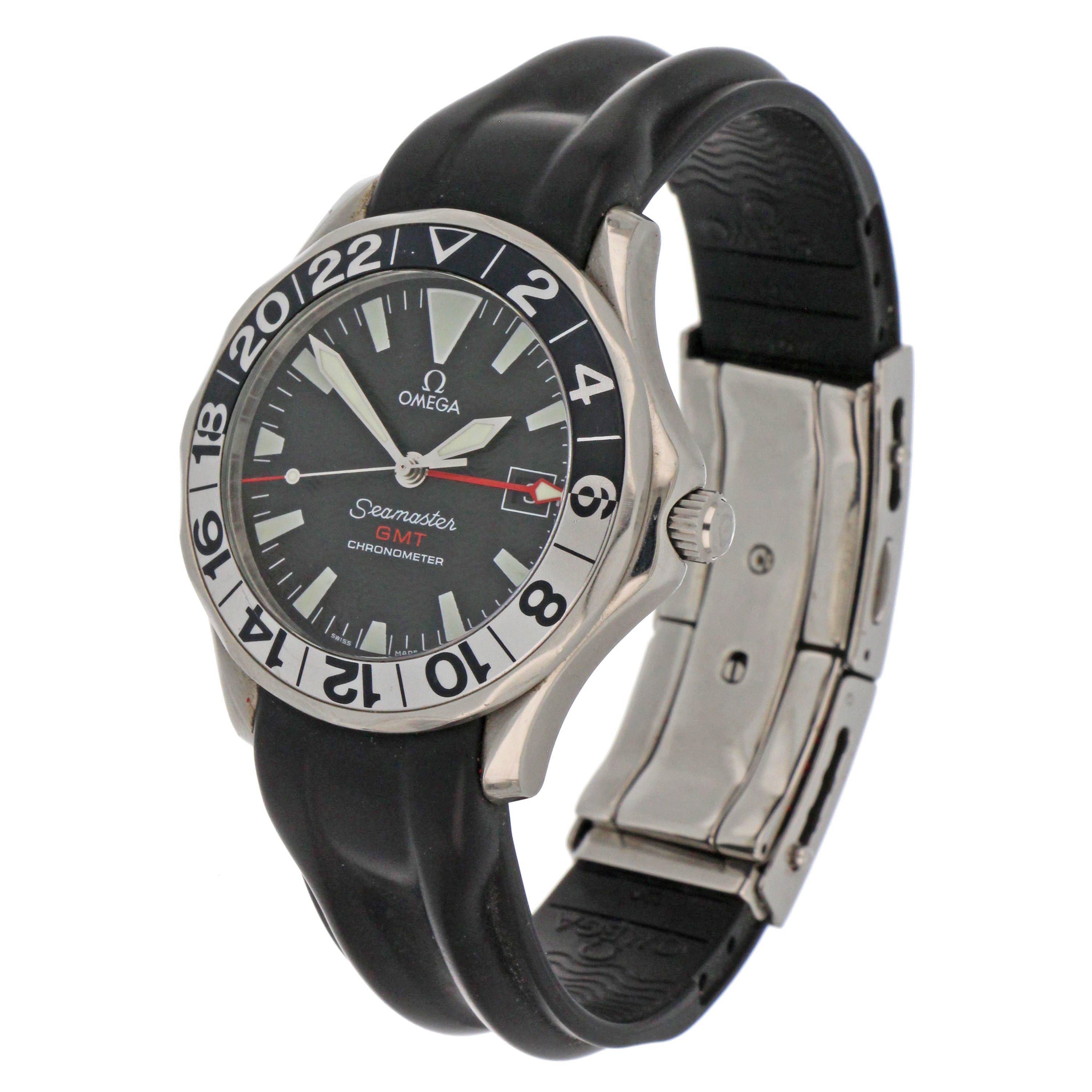 Side profile of Omega Seamaster showing stainless steel case and black rubber strap clasp