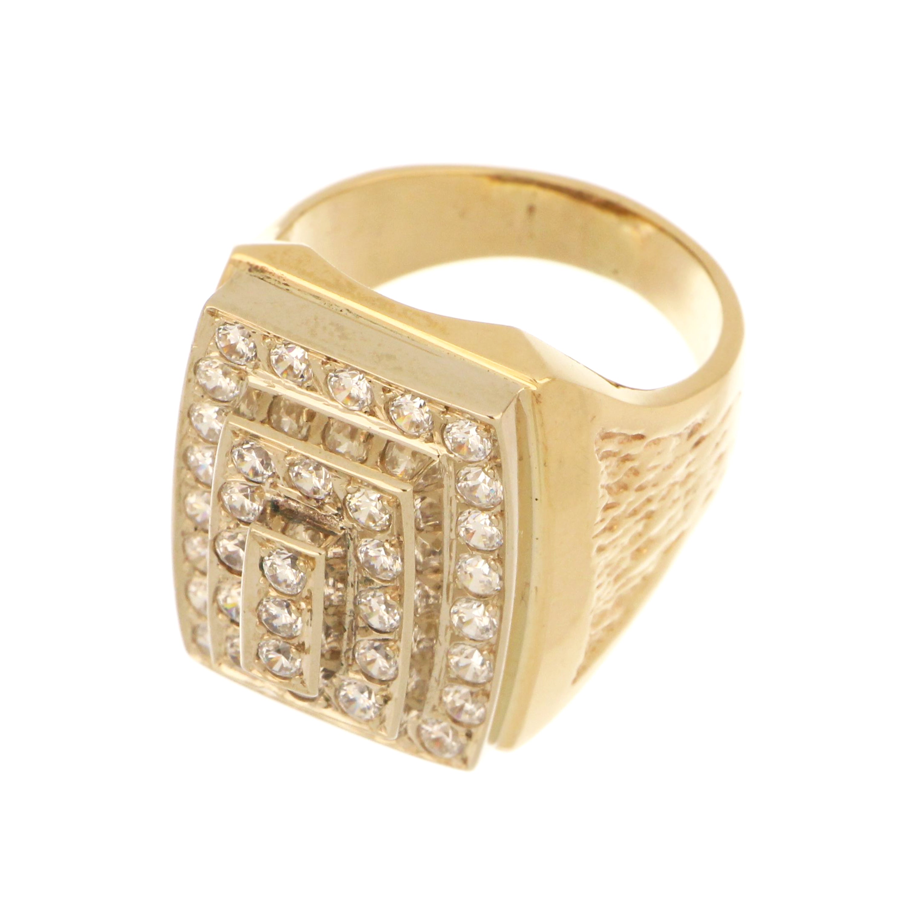 Bold men’s gold ring with CZ accents and textured sides