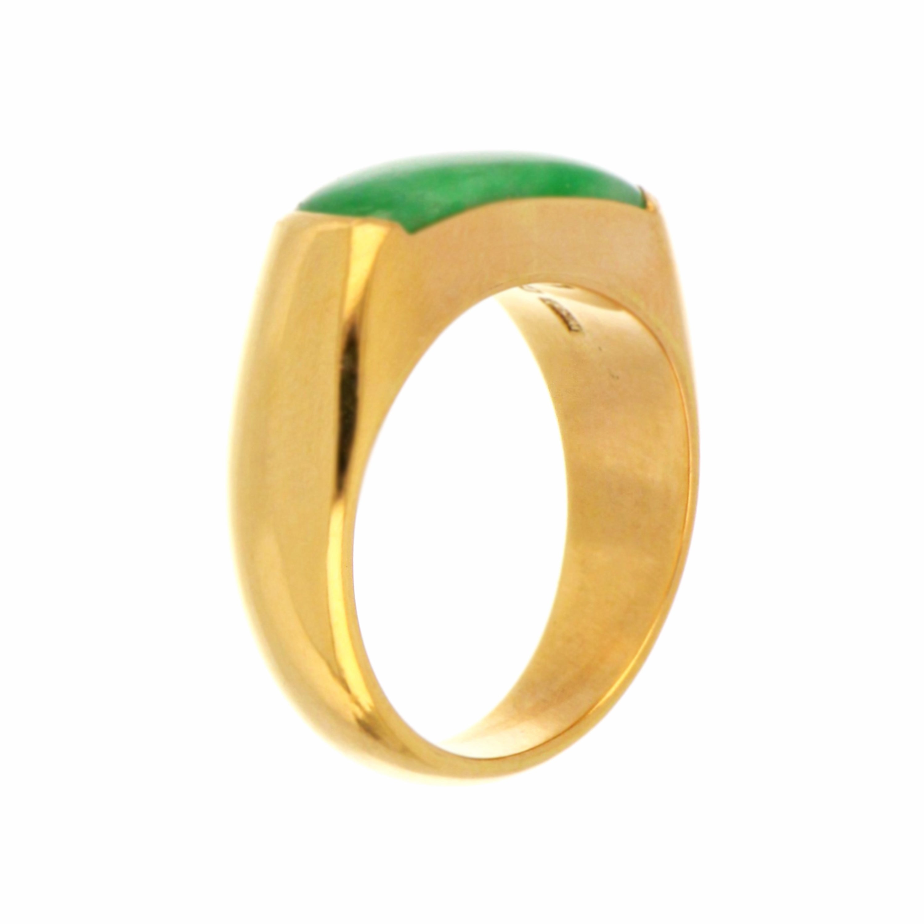 Artistic perspective highlighting the 14kt yellow gold band with natural jadeite jade measuring 17.8x7.1mm
