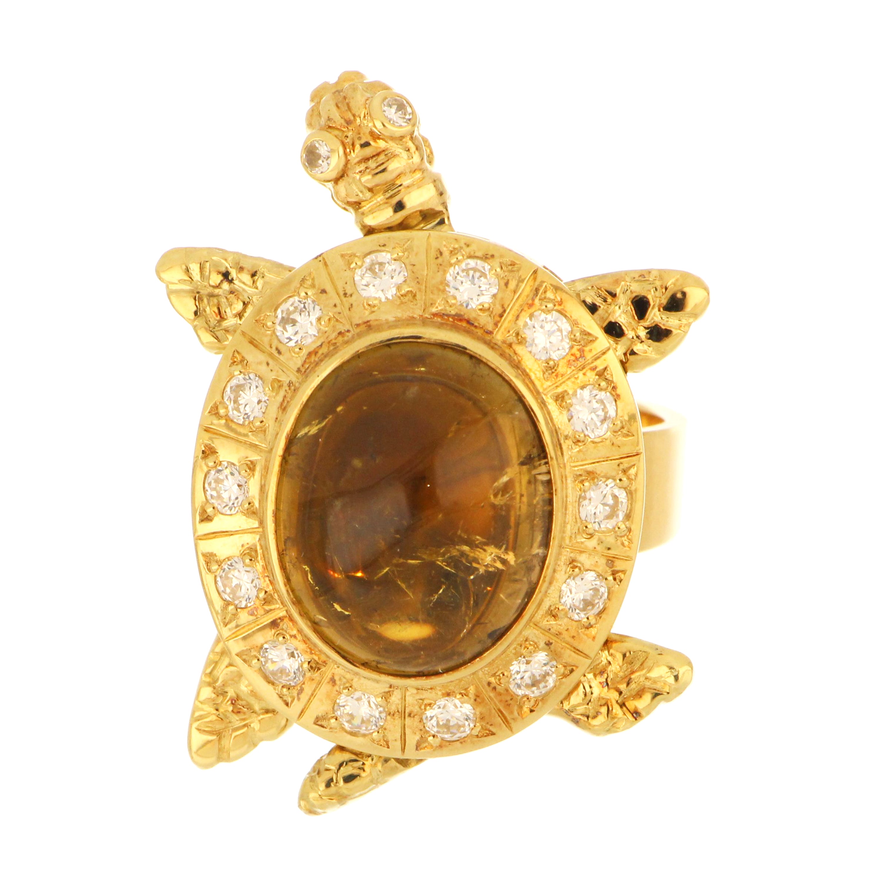 Vintage-inspired turtle ring in yellow gold with citrine gemstone and CZ details.
