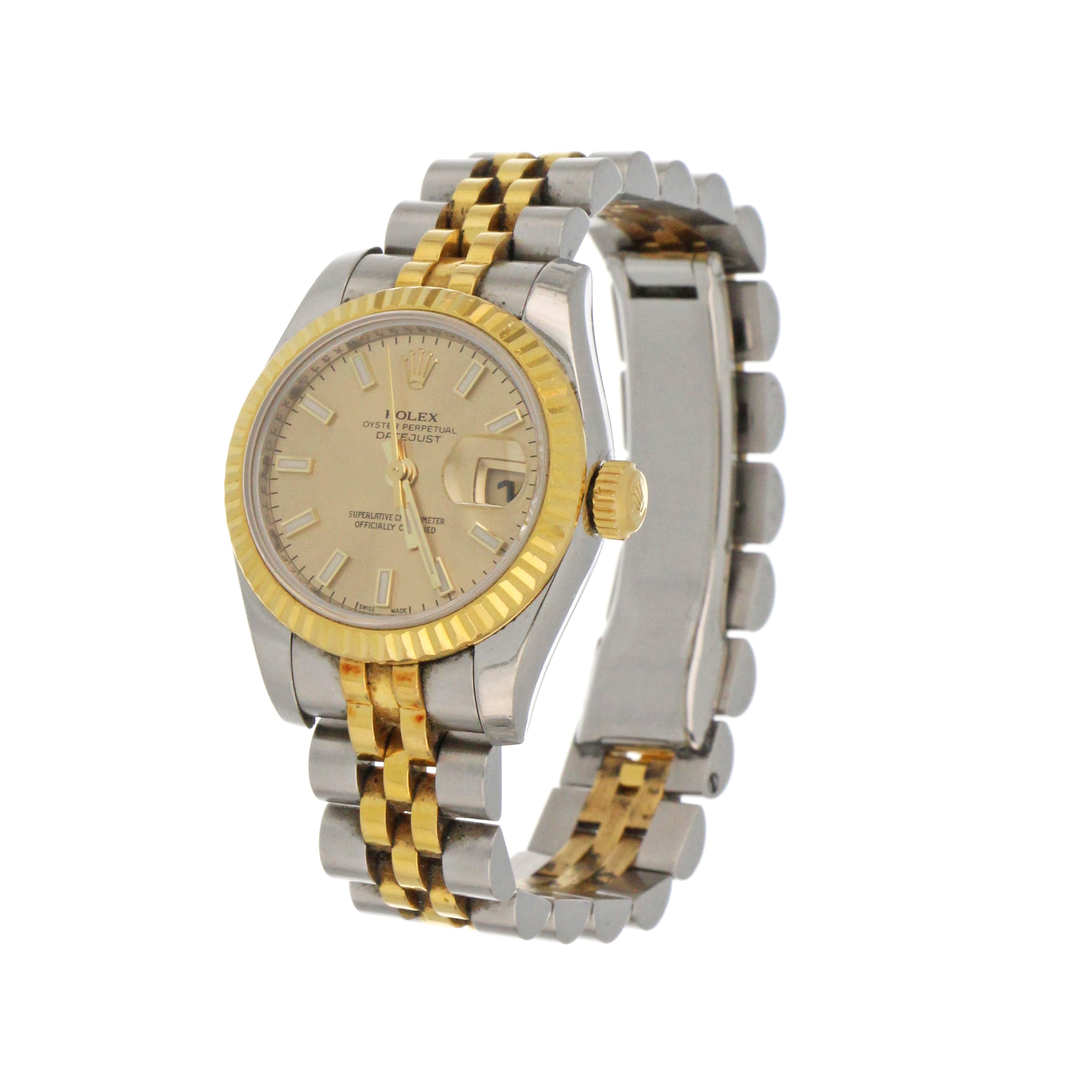 Side profile of ladies Rolex Oyster Perpetual Datejust showing stainless steel and gold crown with 26mm case size