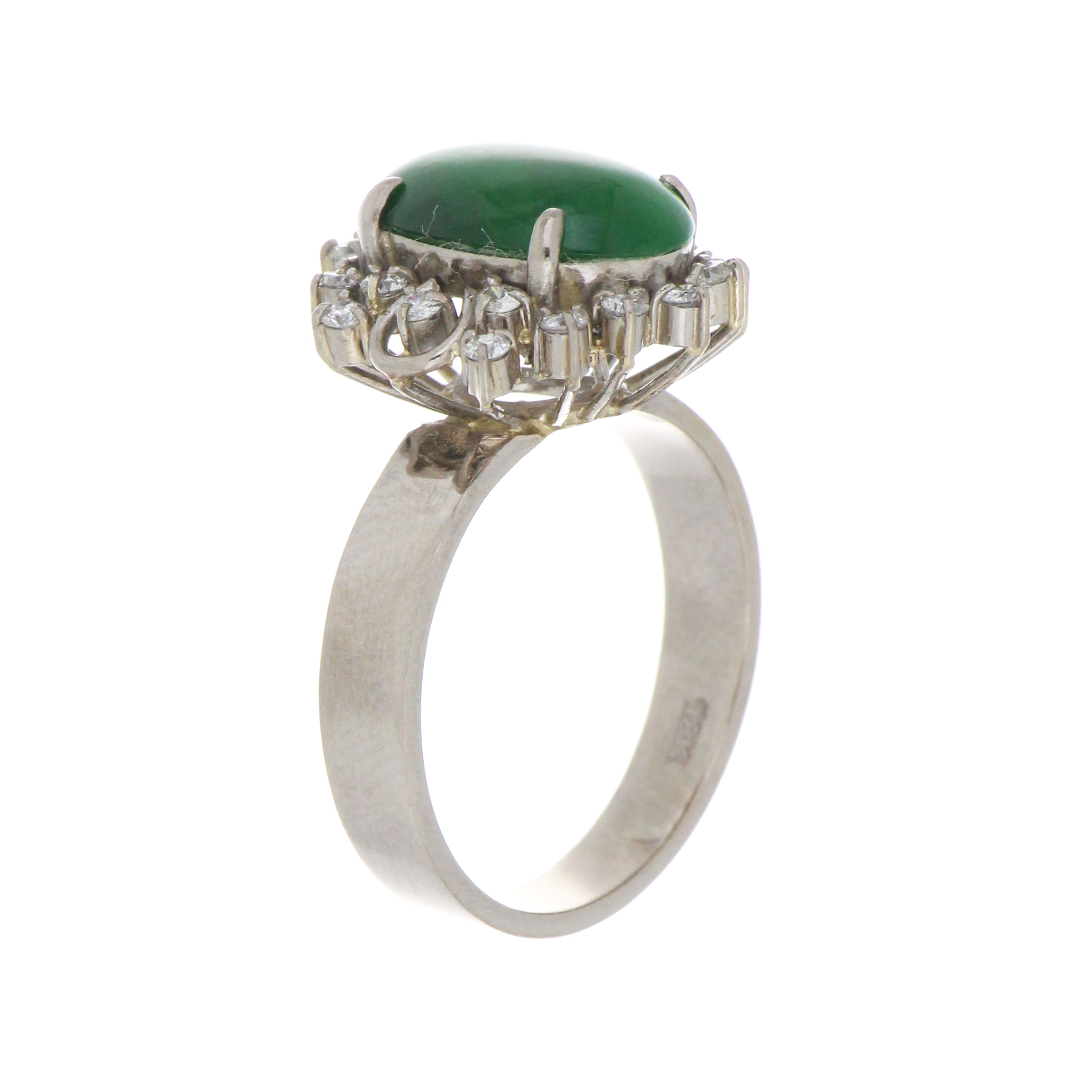 Side angle of 18kt white gold jadeite jade ring highlighting polished shank and diamond halo