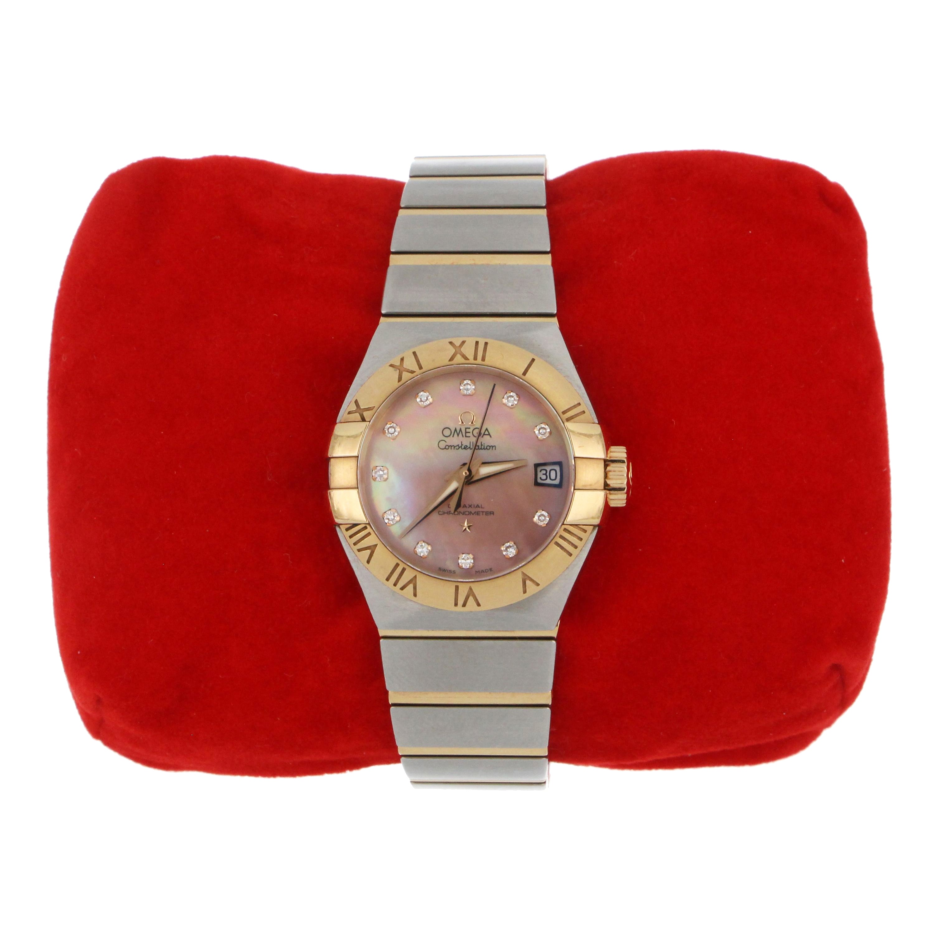 Stainless steel bracelet and folding clasp detail on Omega Constellation ladies' wristwatch
