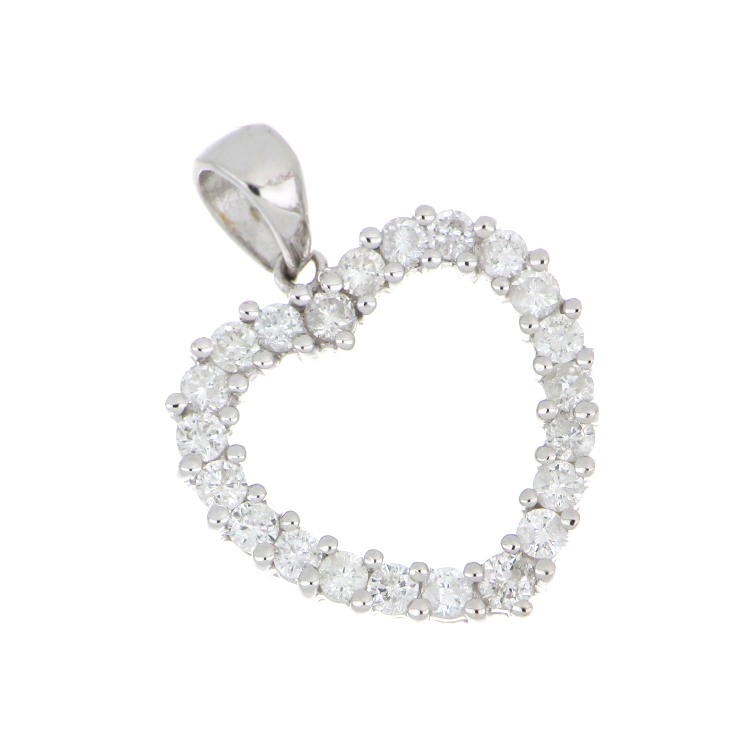 Front view of luxury 18kt white gold heart pendant adorned with 22 round diamonds, showcasing fine craftsmanship and classic design