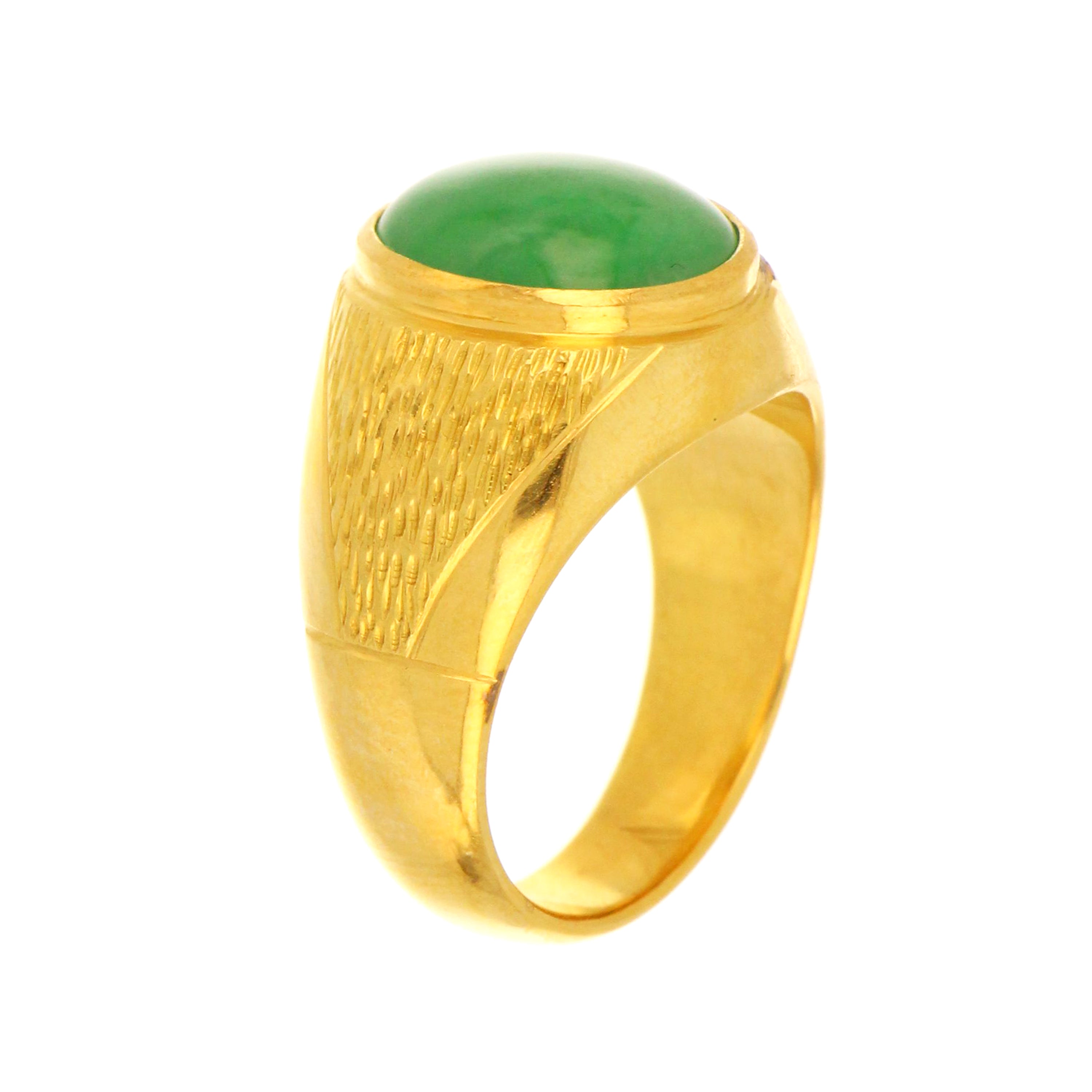 Top view of 18kt yellow gold natural jadeite jade ring showcasing vibrant green oval jade measuring 14.0x11.5mm