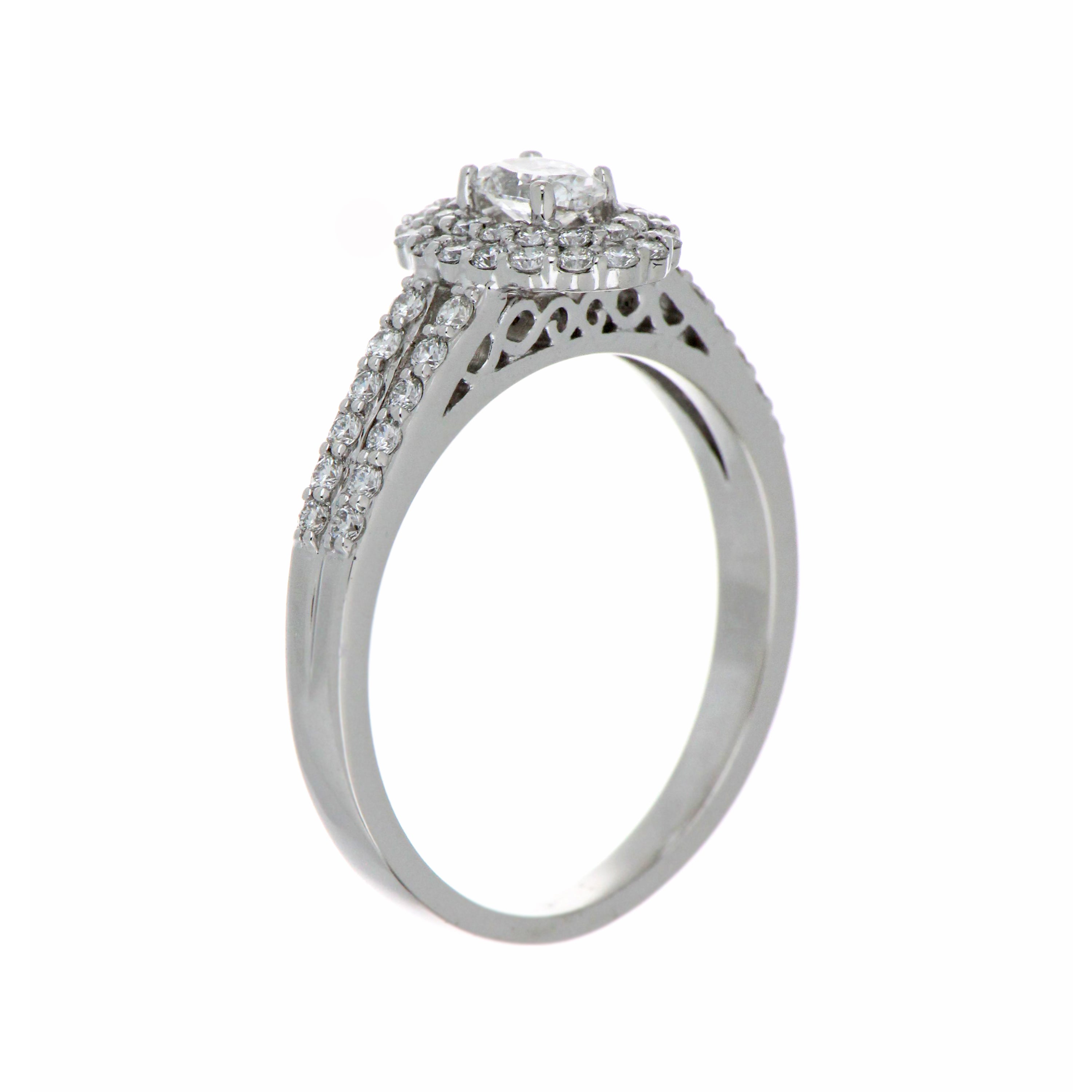 Detailed macro shot highlighting quality and clarity of diamonds in white gold ring