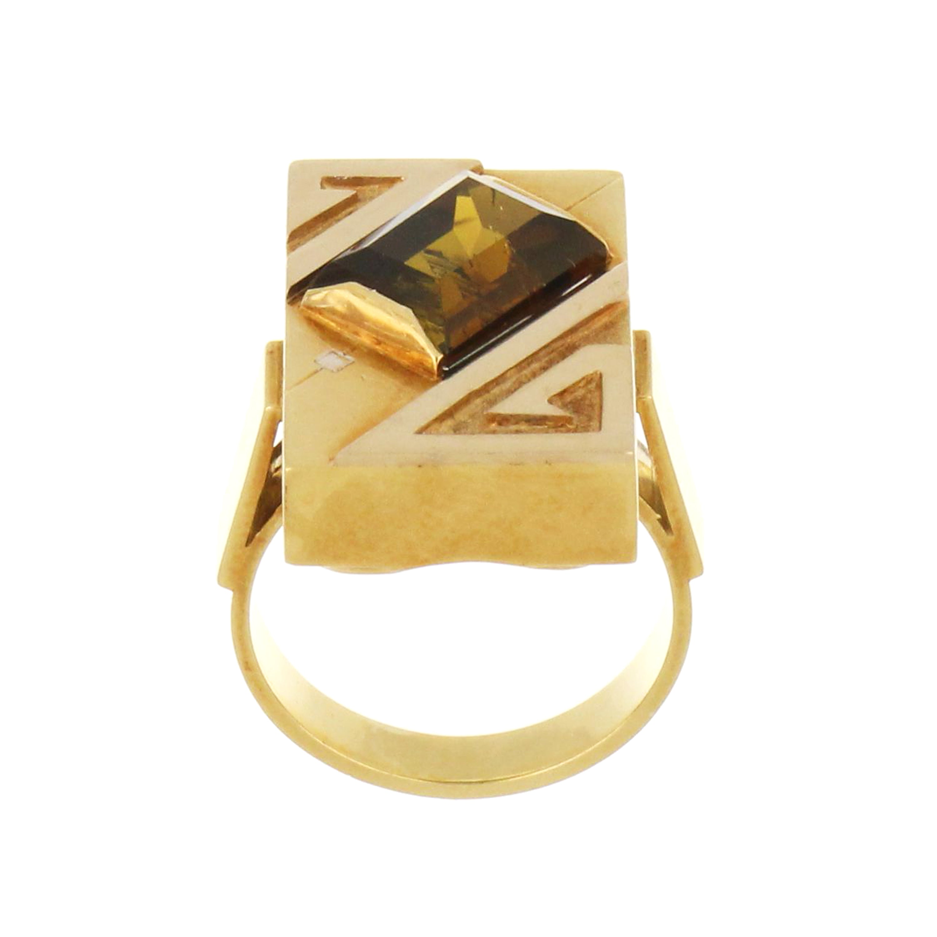 Geometric 14kt gold dinner ring with smoky quartz accent